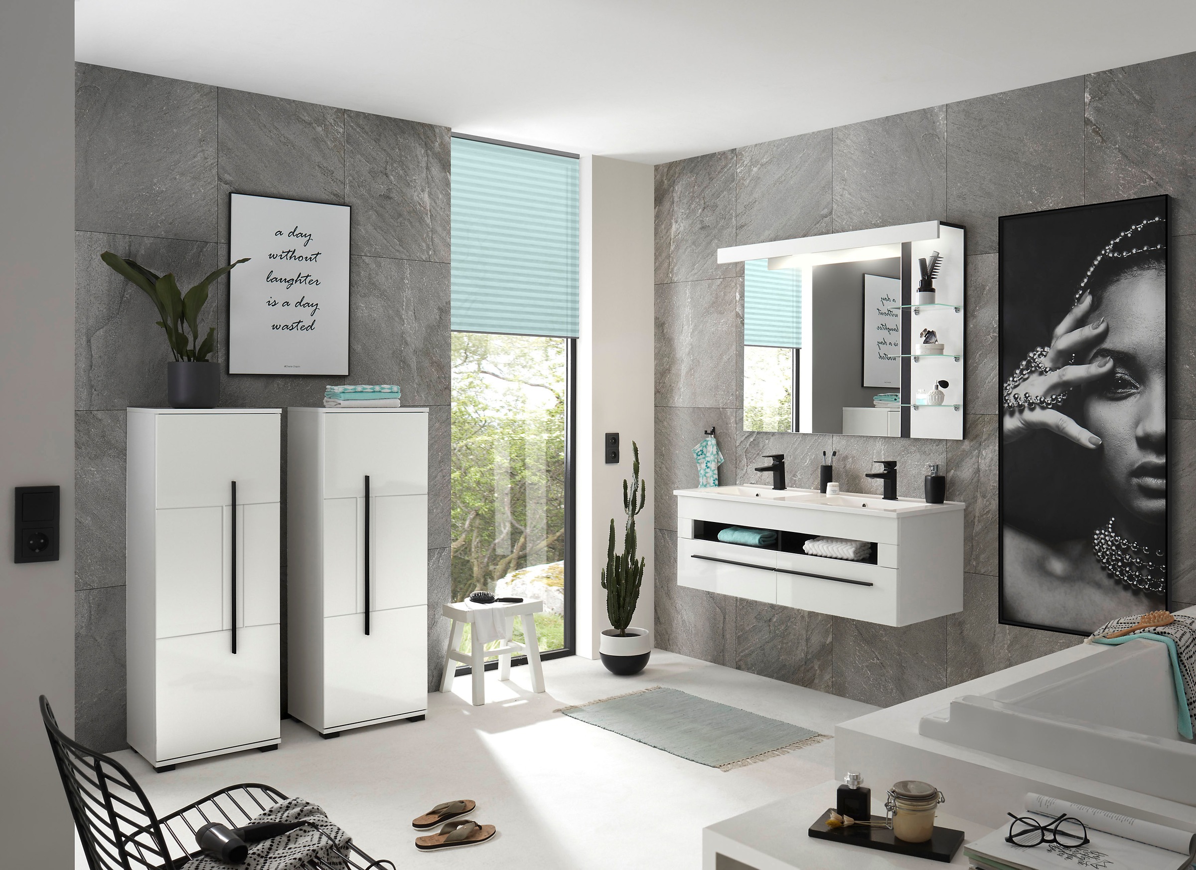 INOSIGN Midischrank »Cantara, Badschrank in Hochglanz Weiß, Schrank im modernen Design«, mit schwarzen Griffen, ausreichend Stauraum