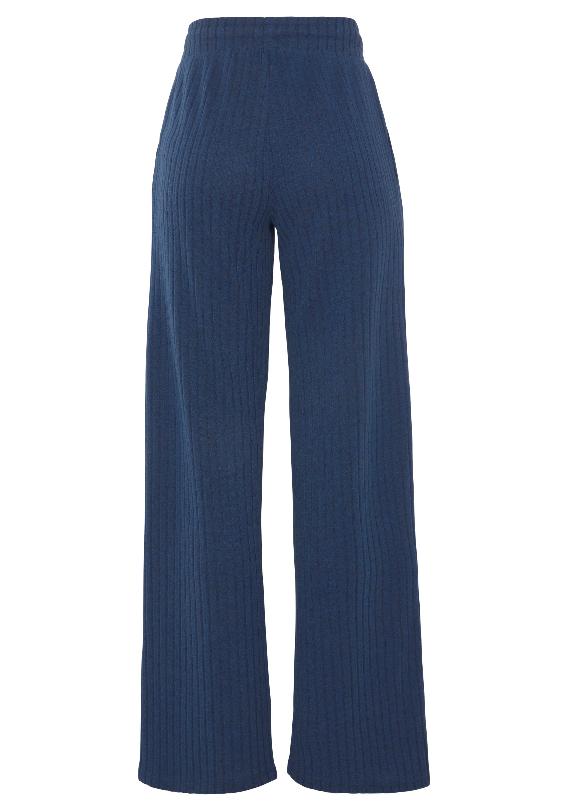Homewearhose LASCANA, Damen, Gr. 44/46, N-Gr, blau (blau, meliert), Rippware, Obermaterial: 56% Polyester, 41% Viskose, 3% Elasthan, meliert, unifarben, bequem lang, Hosen, -Lounge-/Strickhose mit weitem Bein und seitlichen Taschen, Loungewear 3