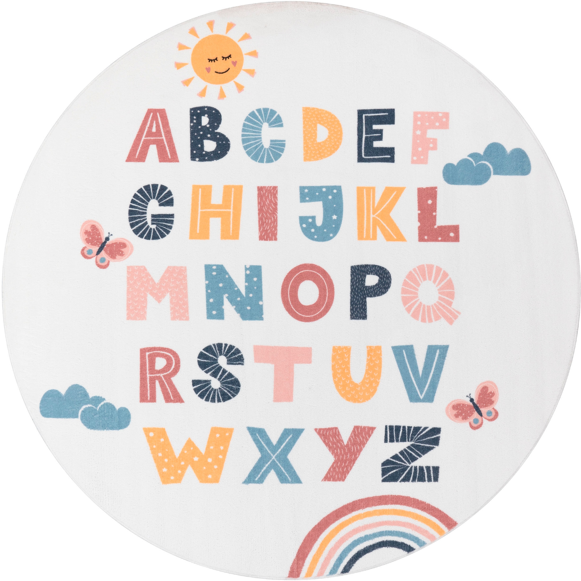 Paco Home Kinderteppich "Eliz 394", rund, Kurzflor, Spielteppich, Motiv Alphabet & Regenbogen