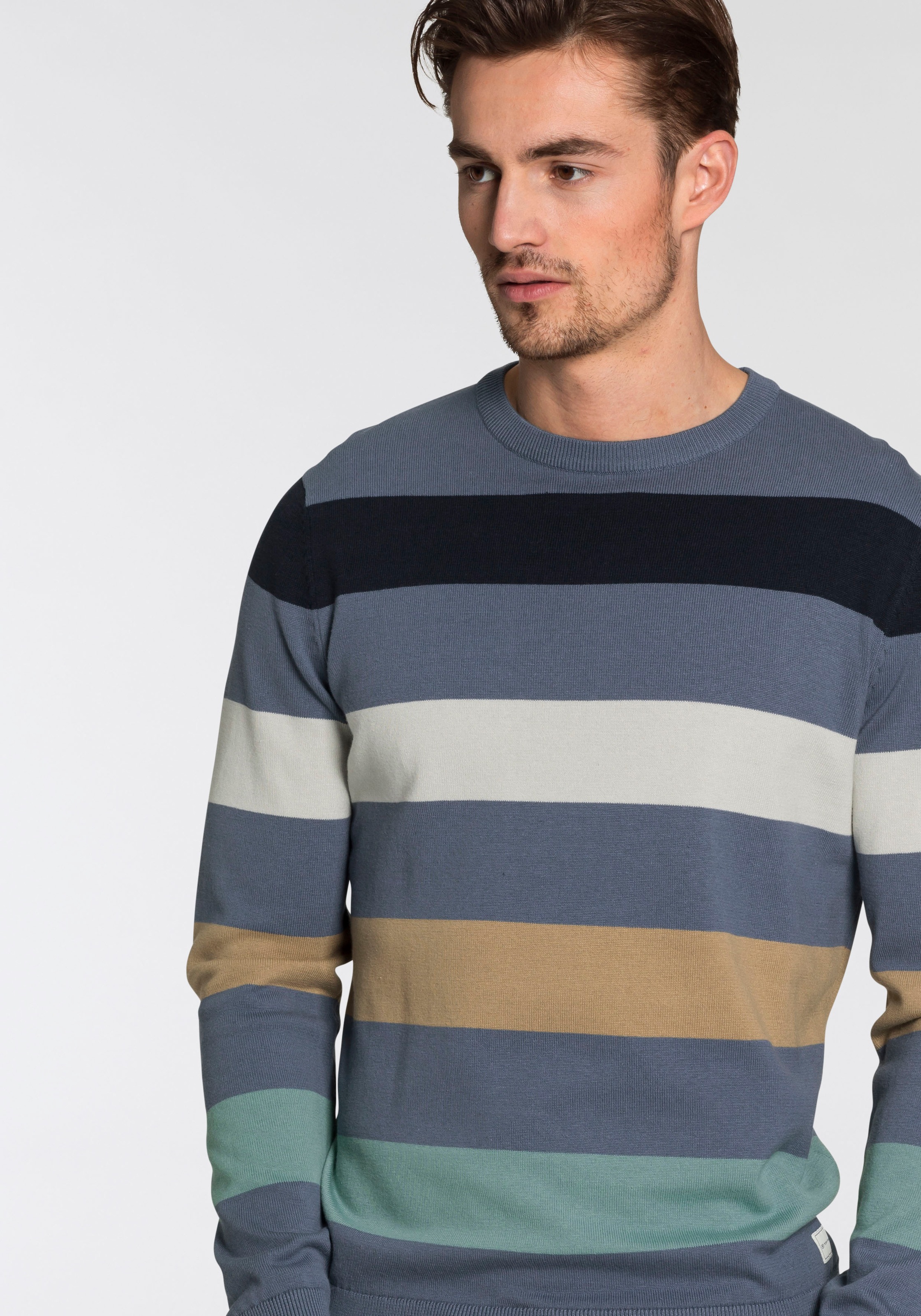 Strickpullover TOM TAILOR, Herren, Gr. L, blau (blau multi), Strick, Obermaterial: 100% Baumwolle, normal hüftbedeckend, Pullover Strickpullover, mit Blockstreifen 3