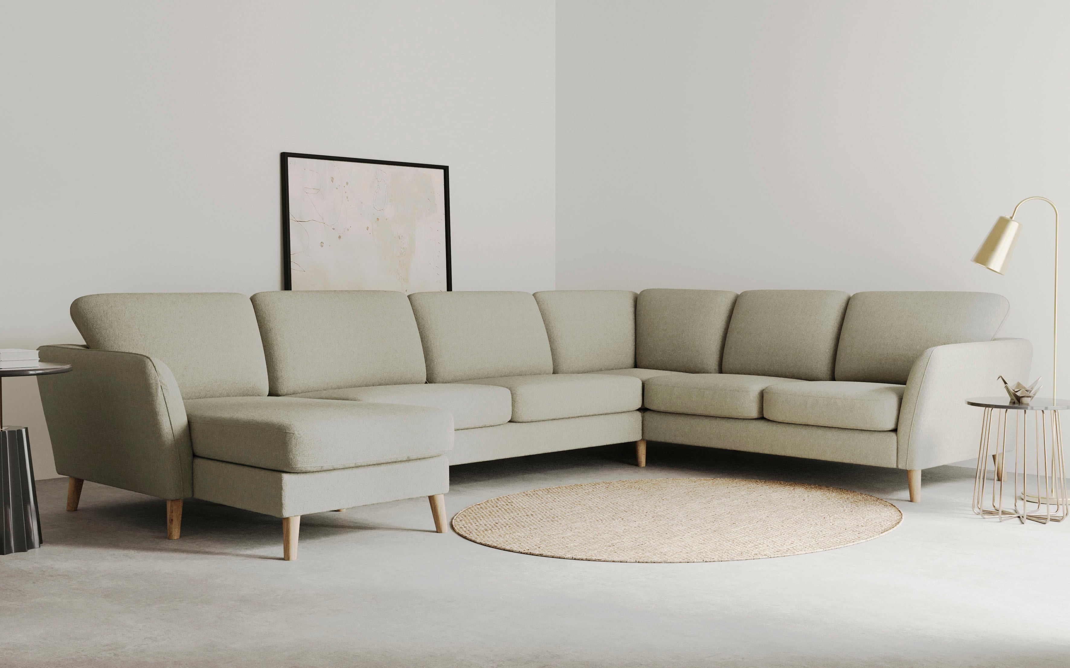 OTTO home Wohnlandschaft "MARSEILLE XXL 349cm, U-Form, Ottomane rechts/links wählbar" Massivholzbeine Eiche, Landhausstil, Wellenunterfederung