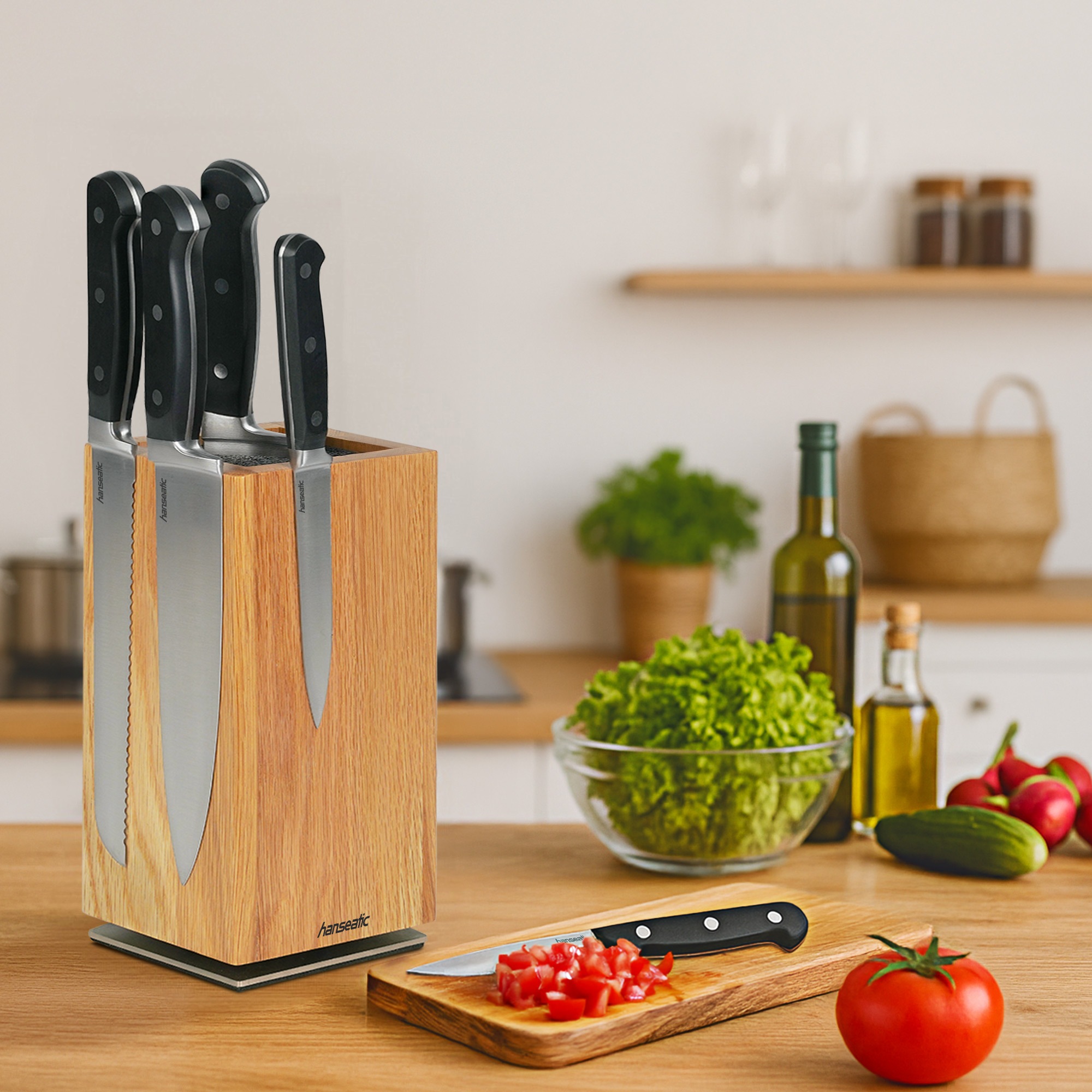 Hanseatic Magnet-Messerblock »hanseatic PREMIUM, aus Holz, Messerblock Set, 6-tlg.« 6 Stk. elegantes Design, herausnehmbarer Borsteneinsatz, 360-Grad-drehbar