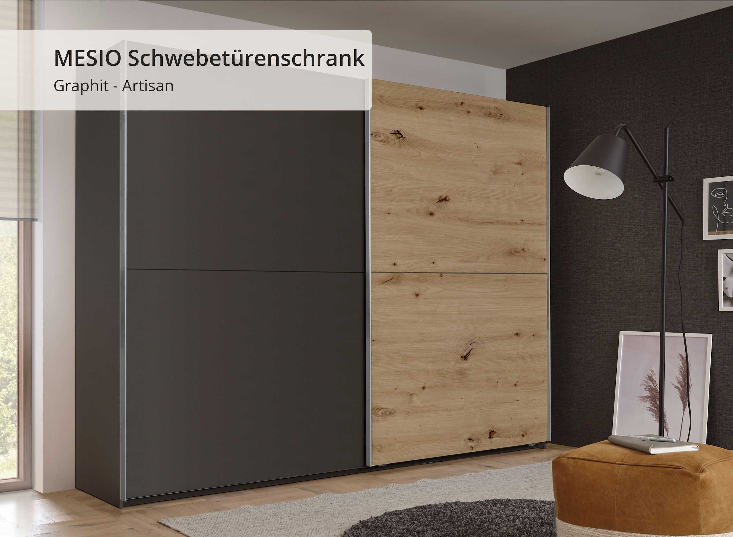 Schlafkontor Schwebetürenschrank »Mesio, 2-türiger Kleiderschrank, Schiebetürenschrank mit viel Stauraum«, inklusive Hoteleinteilungen außen und Einlegeböden oben