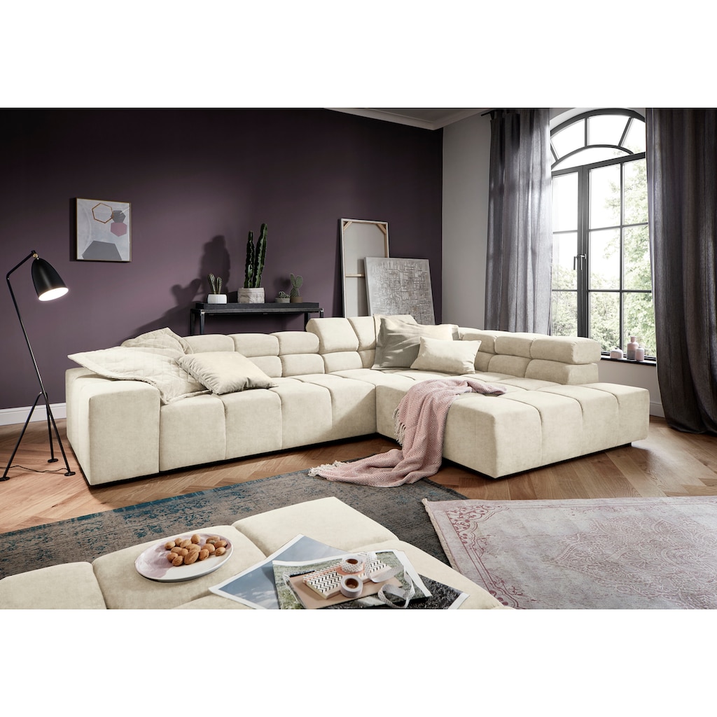 INOSIGN Ecksofa »Ancona incl. Kopfteilverstellung, Zierkissen Breite 319cm, L-Form«, wahlweise motorische Sitztiefenverstellung, auch in Cord + Easy Care