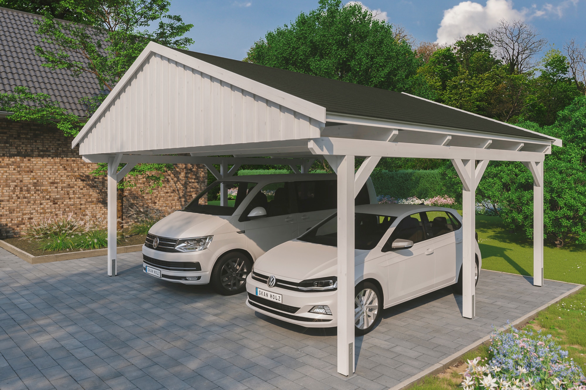 Skanholz Doppelcarport "Fichtelberg" Leimholz weiß mit schwarzen Schindeln