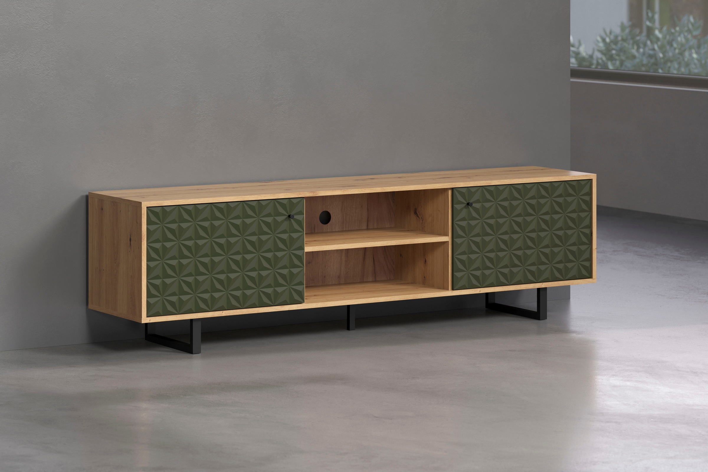 Places of Style TV-Board »Ferretti«, TV-Tisch mit besonderer Fräsung - Füße und Griffe aus Metall