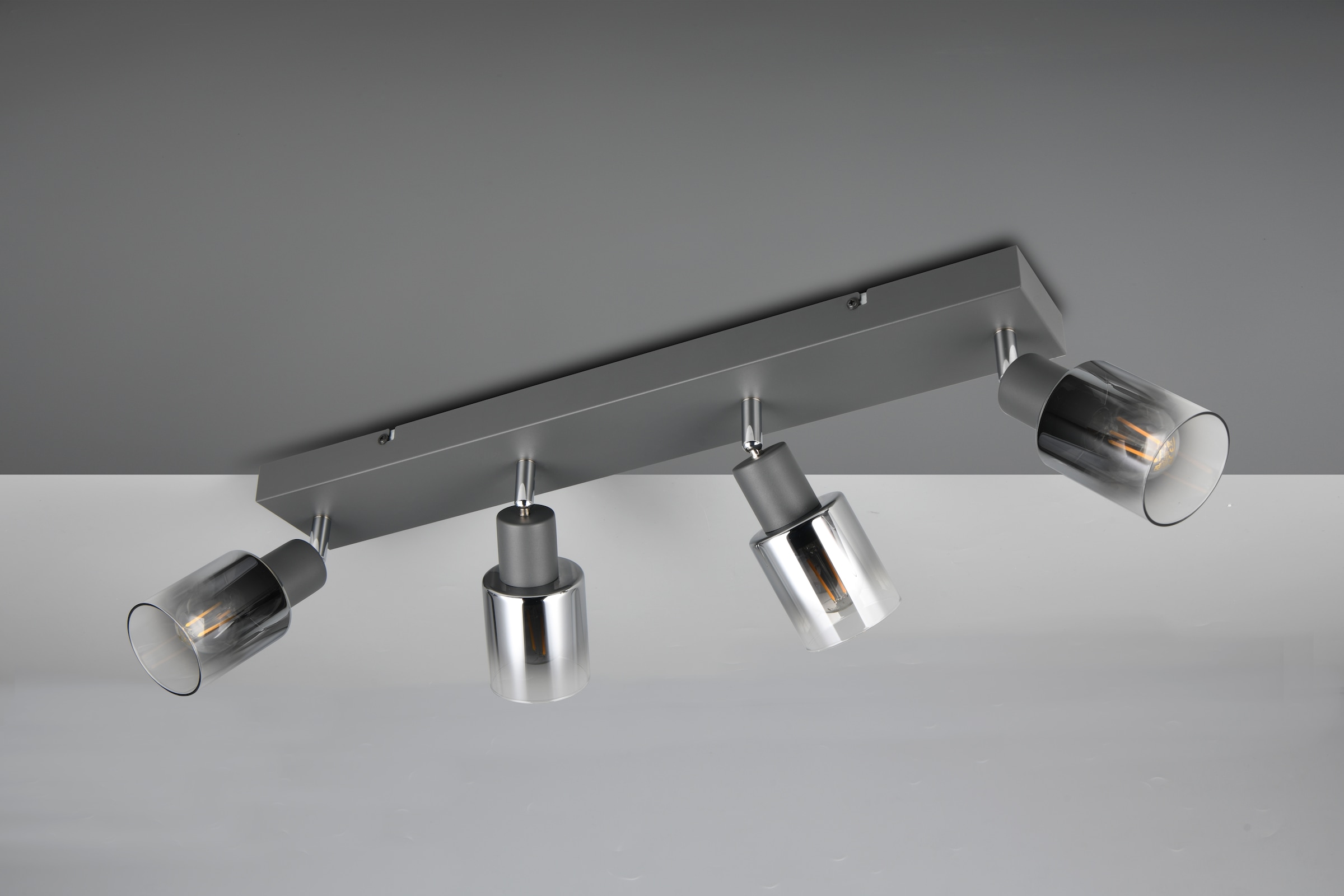 REALITY Leuchten Deckenstrahler »CADIZ, Spot 4-flammig, exkl 4xE14 max 10W, Glas anthrazit, verspiegelt«, 4 flammig, Leuchtmittel E14 | Leuchtmittel wechselbar, verstellbarer Deckenspot E14 Fassung, mit Glasschirm smoke Farbverlauf