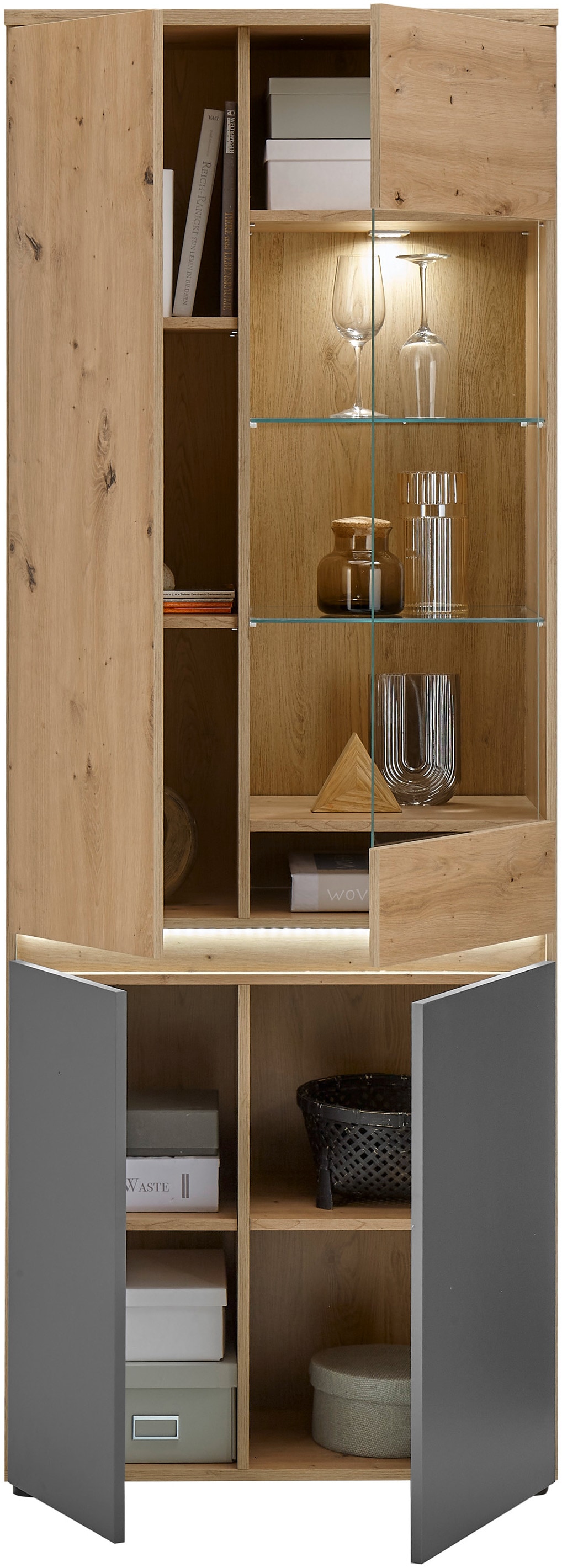 HBZ Vitrine »Lille«, (1 St.), mit LED-Beleuchtung, Vitrinenschrank in Eiche Artisan