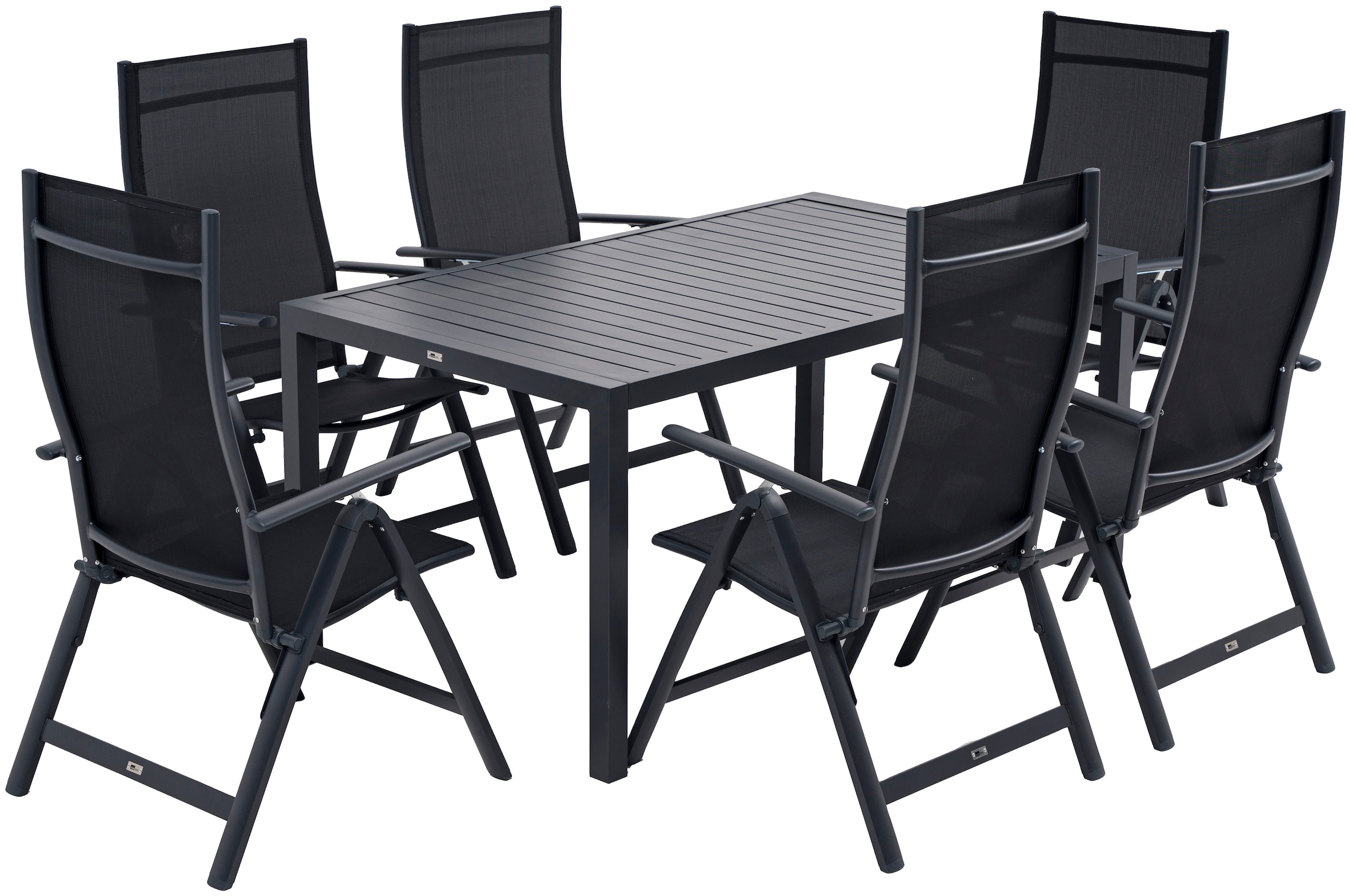 KONIFERA Garten-Essgruppe »Messina«, (Set, 7 tlg., 6x Sessel, 1x Tisch 160x90x74 cm, Aluminium, Textilgewebe), klappbar, 7-fach verstellbare Rückenlehne, Tischplatte aus Alulatten