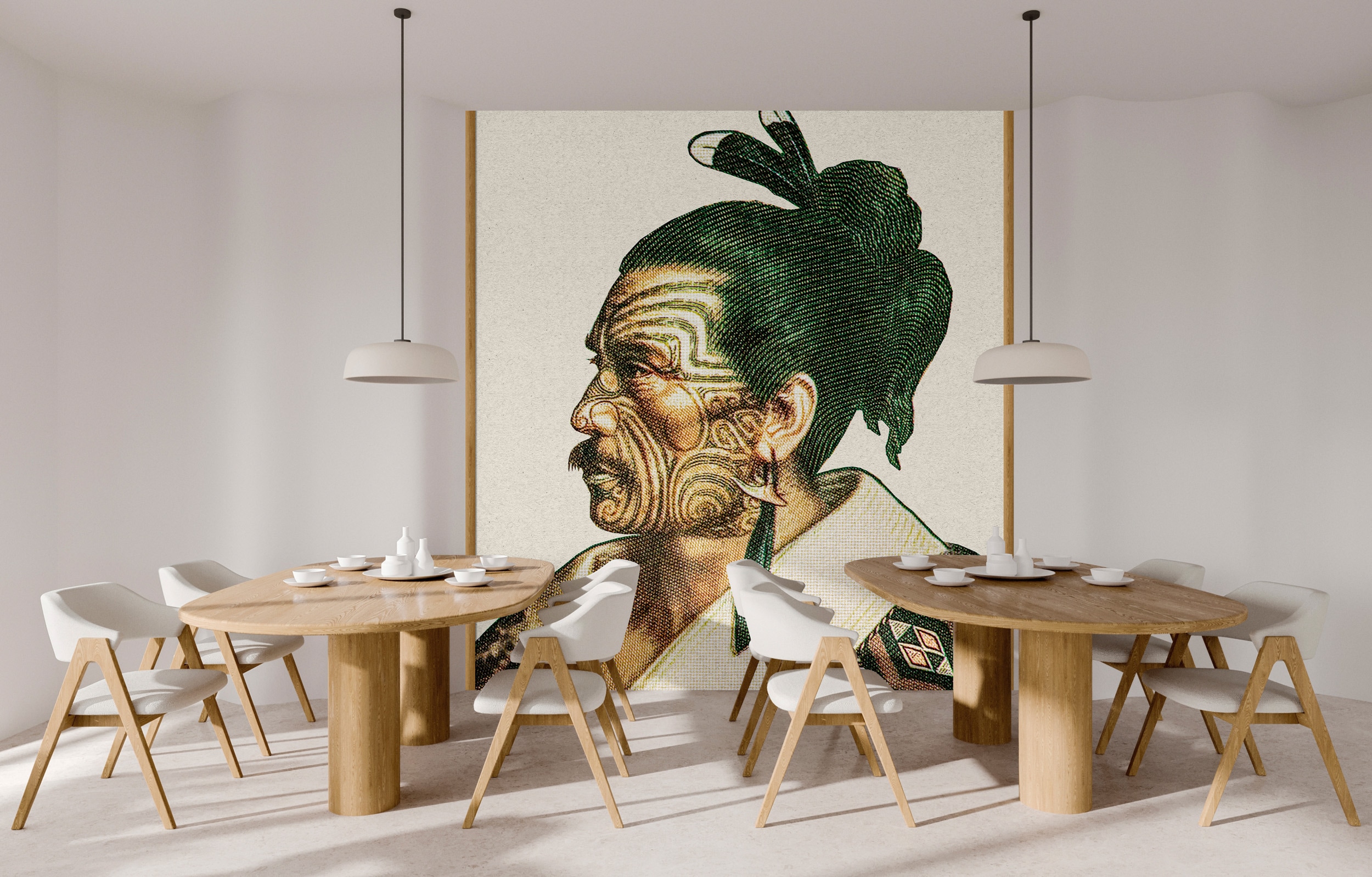 living walls Vliestapete "Porträt-Tapete Maori-Stil Creme Grün Ethno" matt glatt