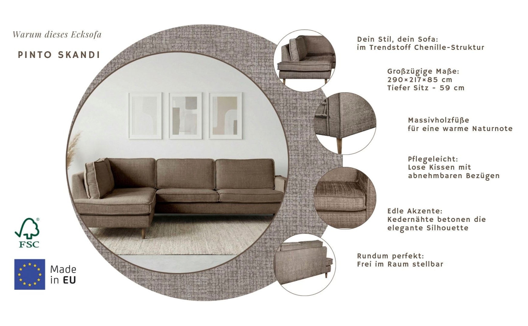 Home Affaire Pinto Skandi Corner Sofa 290cm Chenille Brown 5