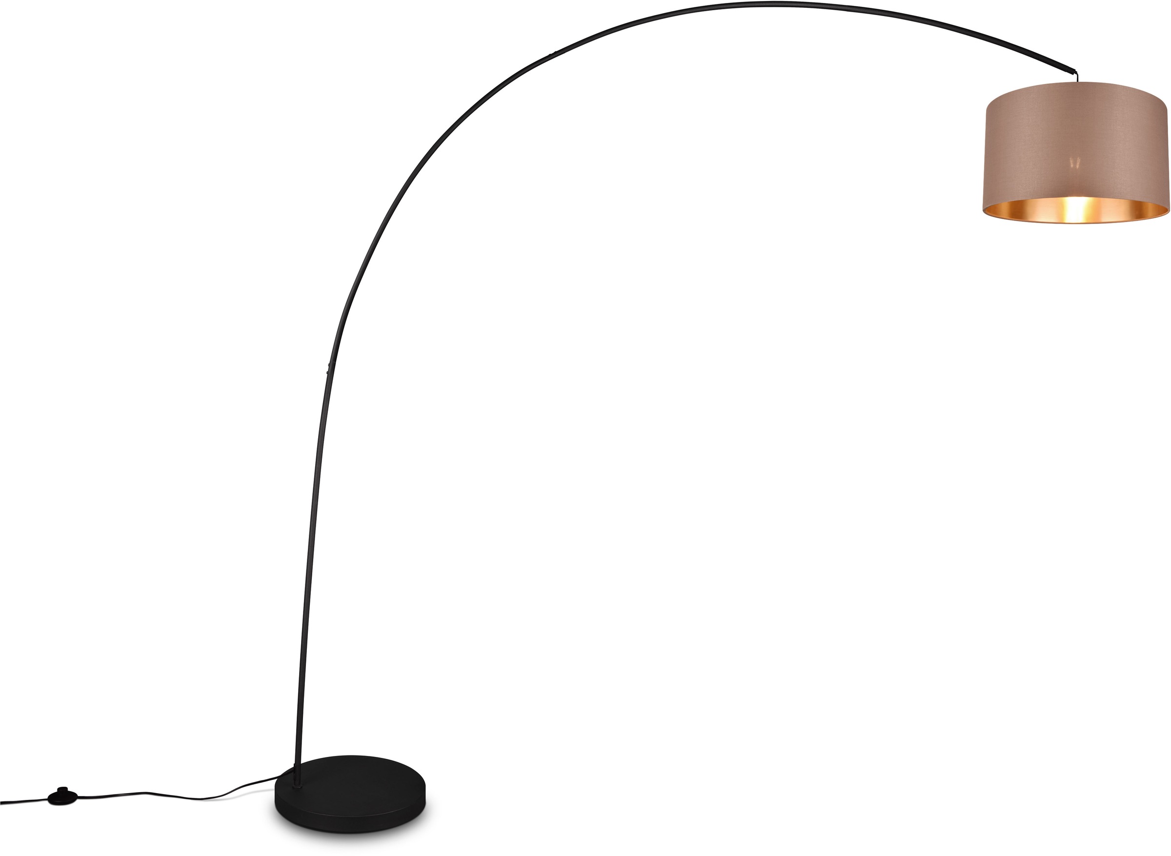 TRIO LEUCHTEN Stehlampe "MANSUR, Bogenlampe mit Stoffschirm, exkl. 1x E27 max 60W, Fußschalter", schwarz (schwarz matt), 1, Ø 45cm H: 210cm, 1 Stk., Leuchten, Bogenleuchte Wohnzimmer, Auslage 2m, Höhe 210cm, Schirm taupe/gold, Stehlampe