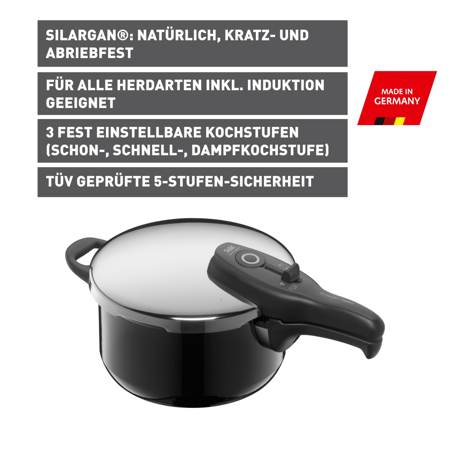 Silit Schnellkochtopf »SICOMATIC T-PLUS, Dampfkochtopf Induktion«, Silargan®, 3 Kochstufen, für alle Herdarten geeignet, Made in Germany