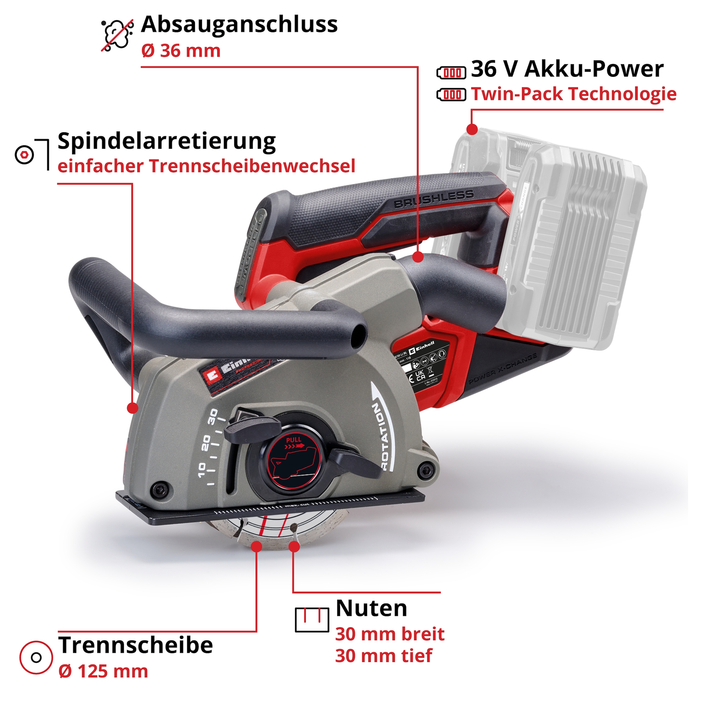 Einhell Mauernutfräse »TP-MA 36/30 Li BL - Solo«, mit 2 Diamant Trennscheiben und Tragetasche, ohne Akku und Ladegerät