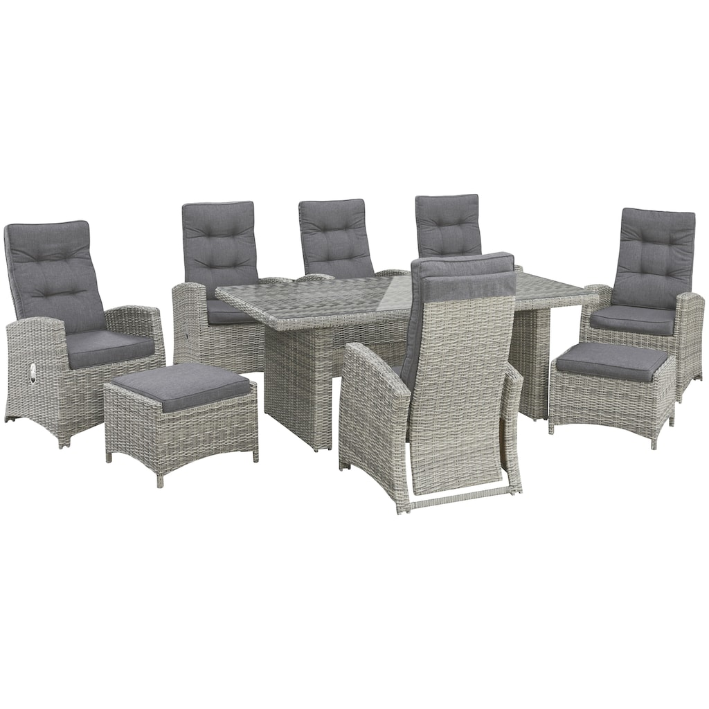 KONIFERA Garten-Essgruppe »Monaco«, (Set, 17 tlg., 6x Sessel, 2x Hocker, 1x Tisch 200x100x74cm, inkl. Auflagen), Polyrattan, Aluminium, Rückenlehne verstellbar