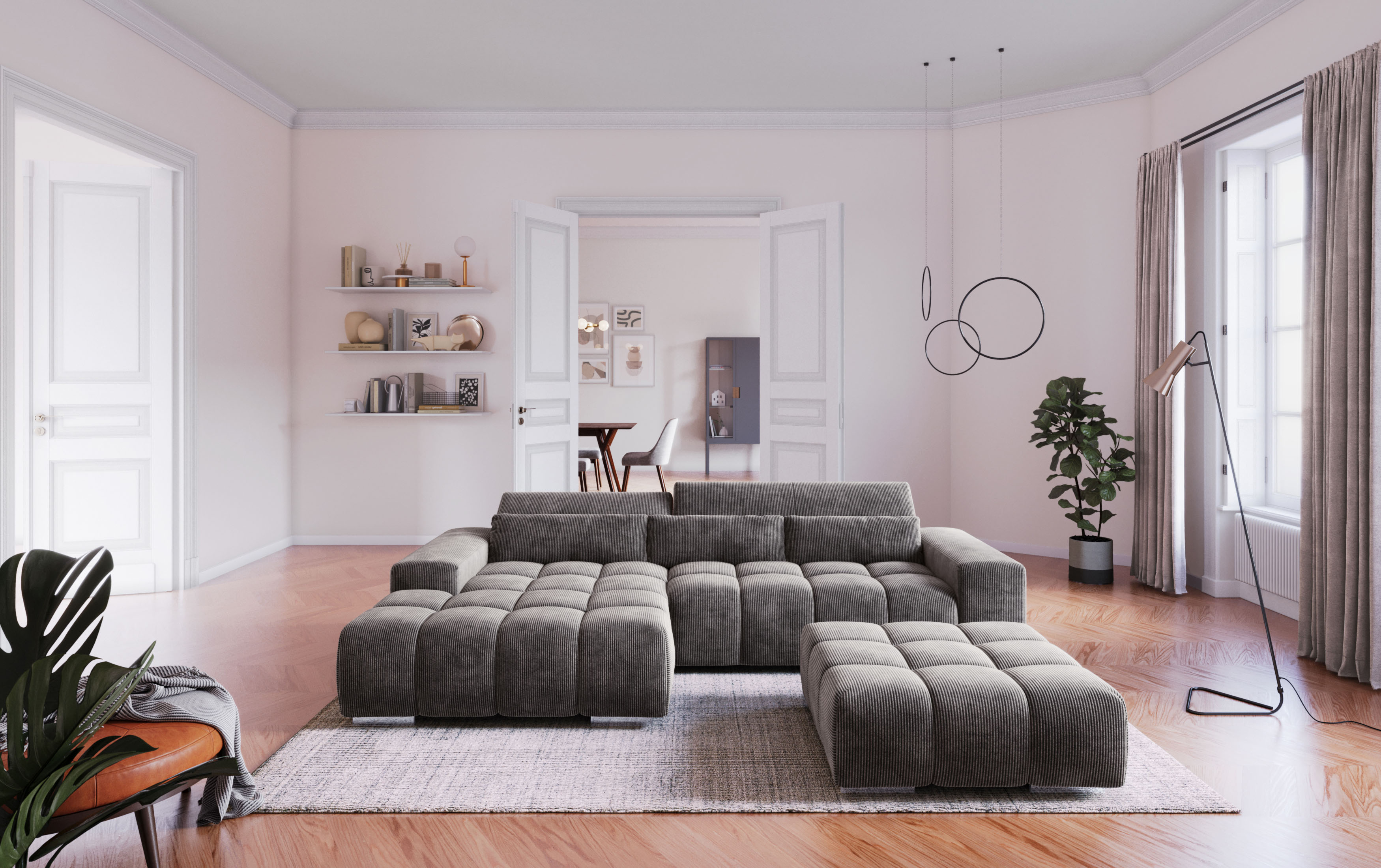 COTTA Ecksofa "Orion L-Form, B: 307 cm, moderne Steppung, bequeme Wellenunterfederung" 2x Kopfteilverstellung & 3 Nierenkissen