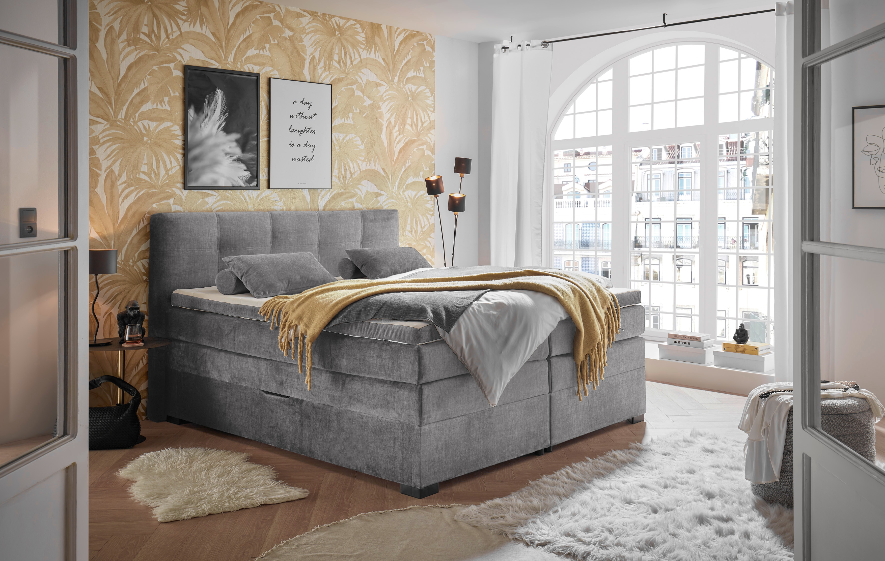 ED EXCITING DESIGN Boxspringbett "FANES, Doppelbett mit Bettkasten und Taschenfederkernmatratze H3" mit 7cm Visco-Topper, hochwertiger Microvelours-Bezug, 180x200cm