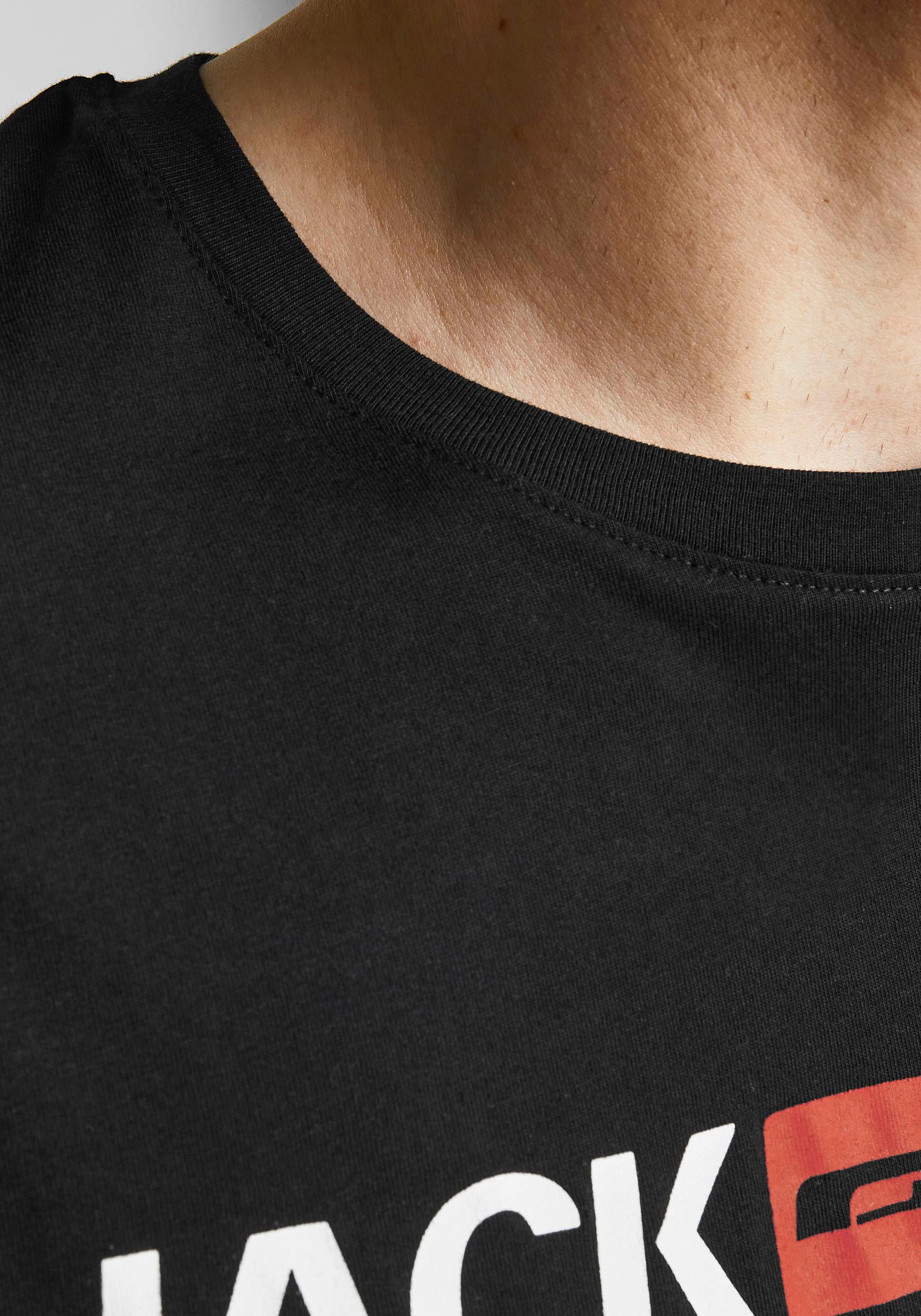 T-Shirt "CORP mit Print und bequemem Rundhals", Herren, Gr. 5XL, schwarz, Single Jersey, Obermaterial: 100% Baumwolle, JACK & JONES PLUSSIZE, bedruckt, normal normal, Rundhals, Shirts T-Shirt, bedruckt, modisch, regular fit, Baumwolle, Rundhals 2