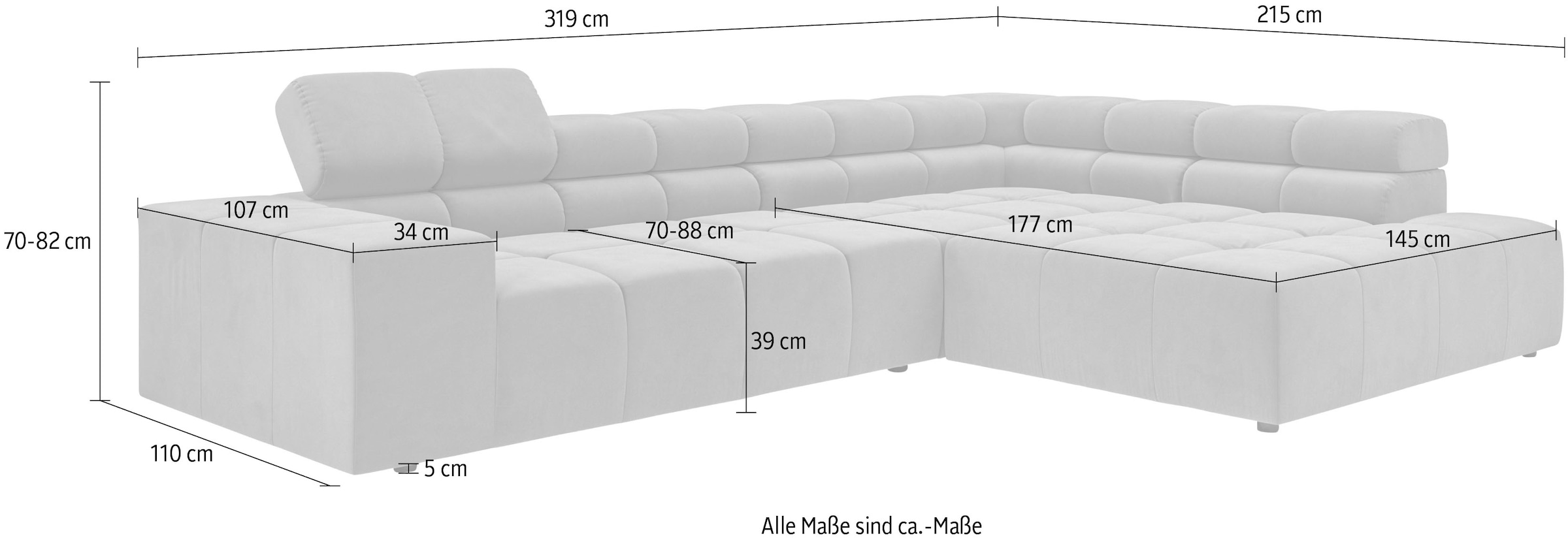 INOSIGN Ecksofa »Ancona incl. Kopfteilverstellung, Zierkissen Breite 319cm, L-Form«, wahlweise motorische Sitztiefenverstellung, auch in Cord + Easy Care