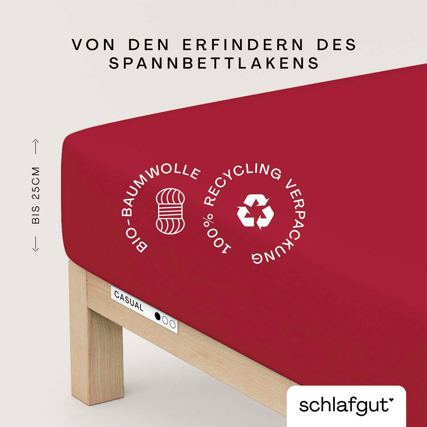 Schlafgut Spannbettlaken "CASUAL Bettlaken 100% gekämmte Bio-Baumwolle, 150 g/m², Spannbetttuch" Bettlaken bis 25 cm Höhe, langlebig, weich, Antipilling-Ausrüstung