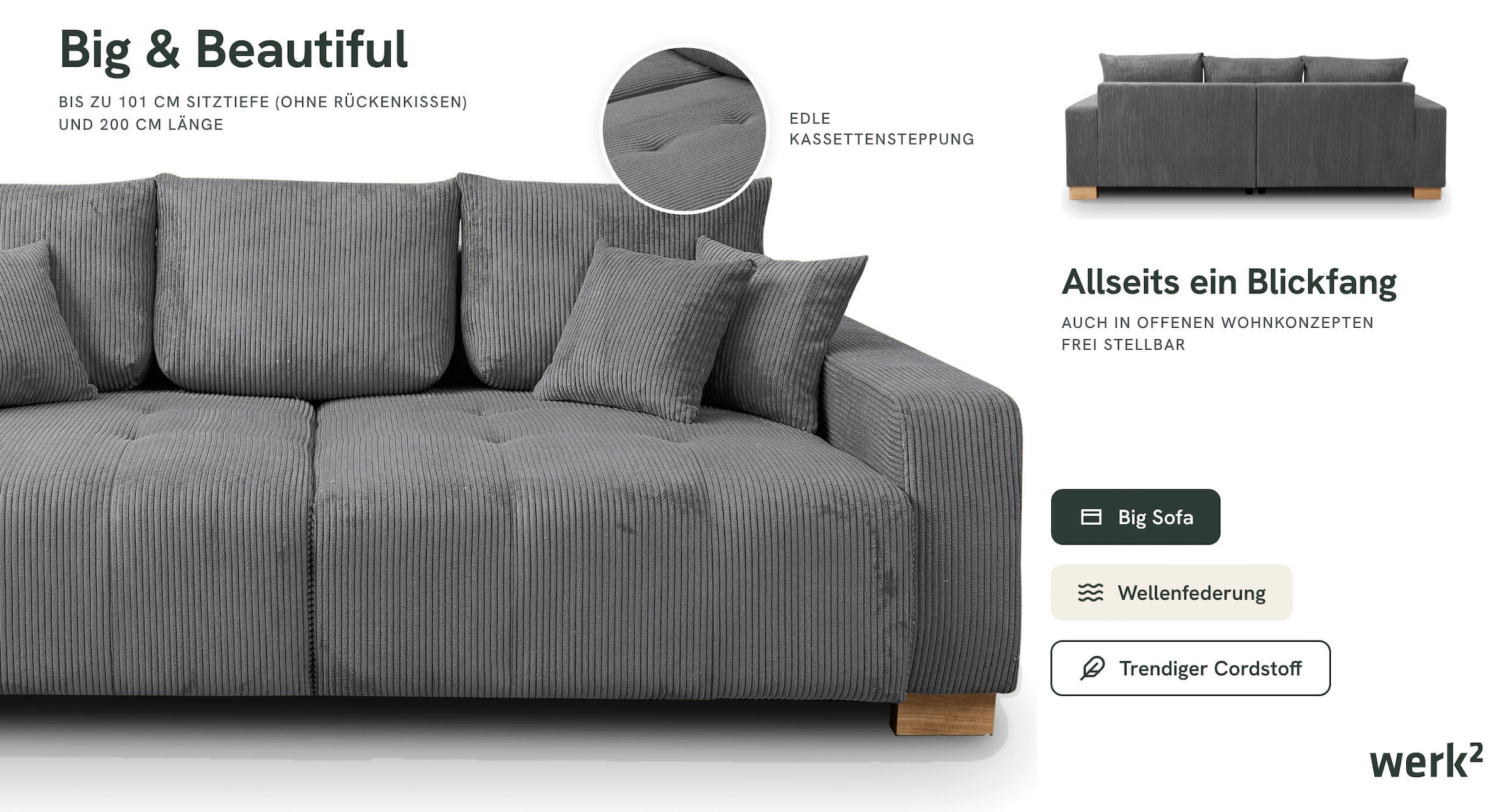 WERK2 Big-Sofa »Rimini 240 cm breit Cord XXL Couch mit großer Sitztiefe, 4-Sitzer« Megasofa mit 4 Sitzplätzen, losen Rückenkissen & Zierkissen