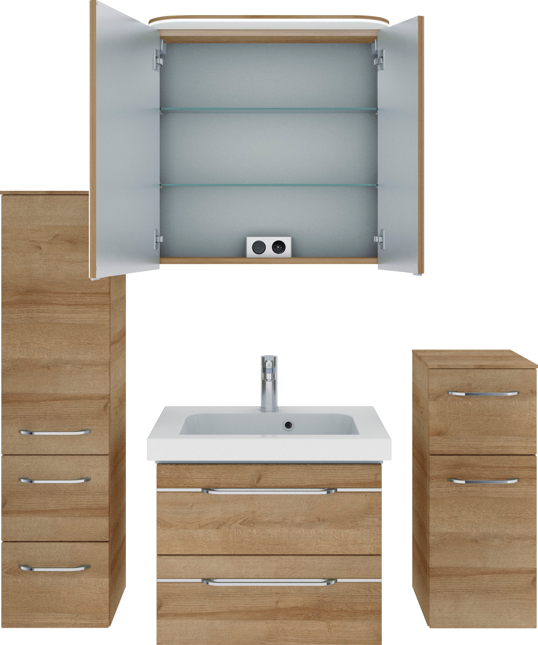 Saphir Badmöbel-Set »Balto Sprint 4-teilig, Mineralmarmor-Waschtisch mit LED-Spiegelschrank«, (5 St.), mit Unterschrank, Midischrank, inkl. Türdämpfer, 4 Türen, 5 Schubladen
