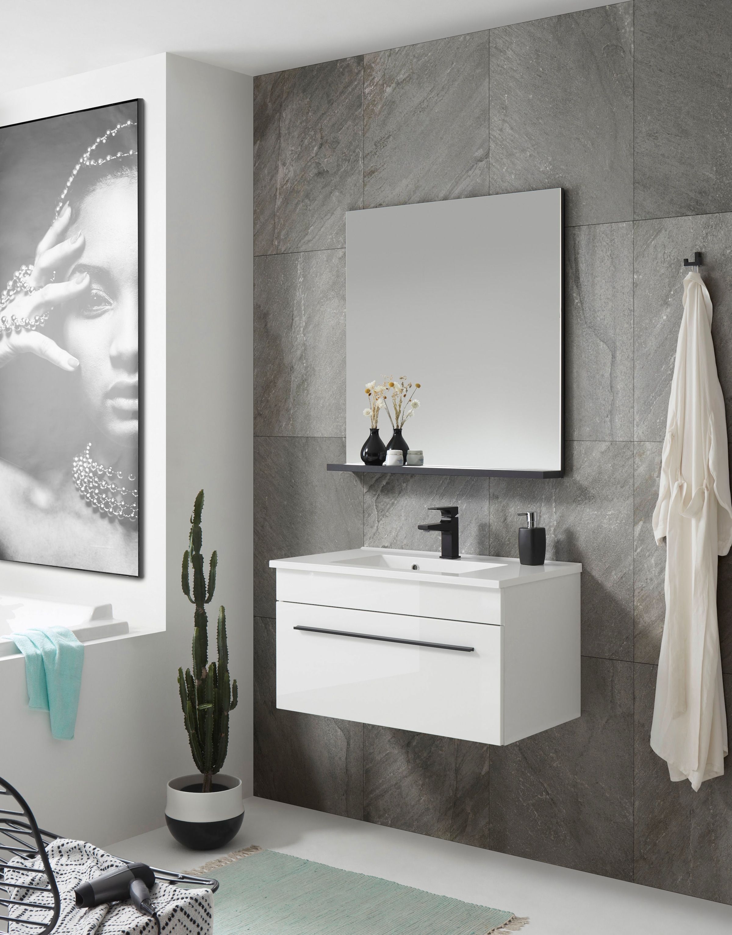 INOSIGN Badmöbel-Set »Cantara, Bad im modernen Design, 2-teiliges Badezimmer«, (Set, 2 St.), Waschtisch und Spiegel, in Weiß Hochglanz, viel Stauraum