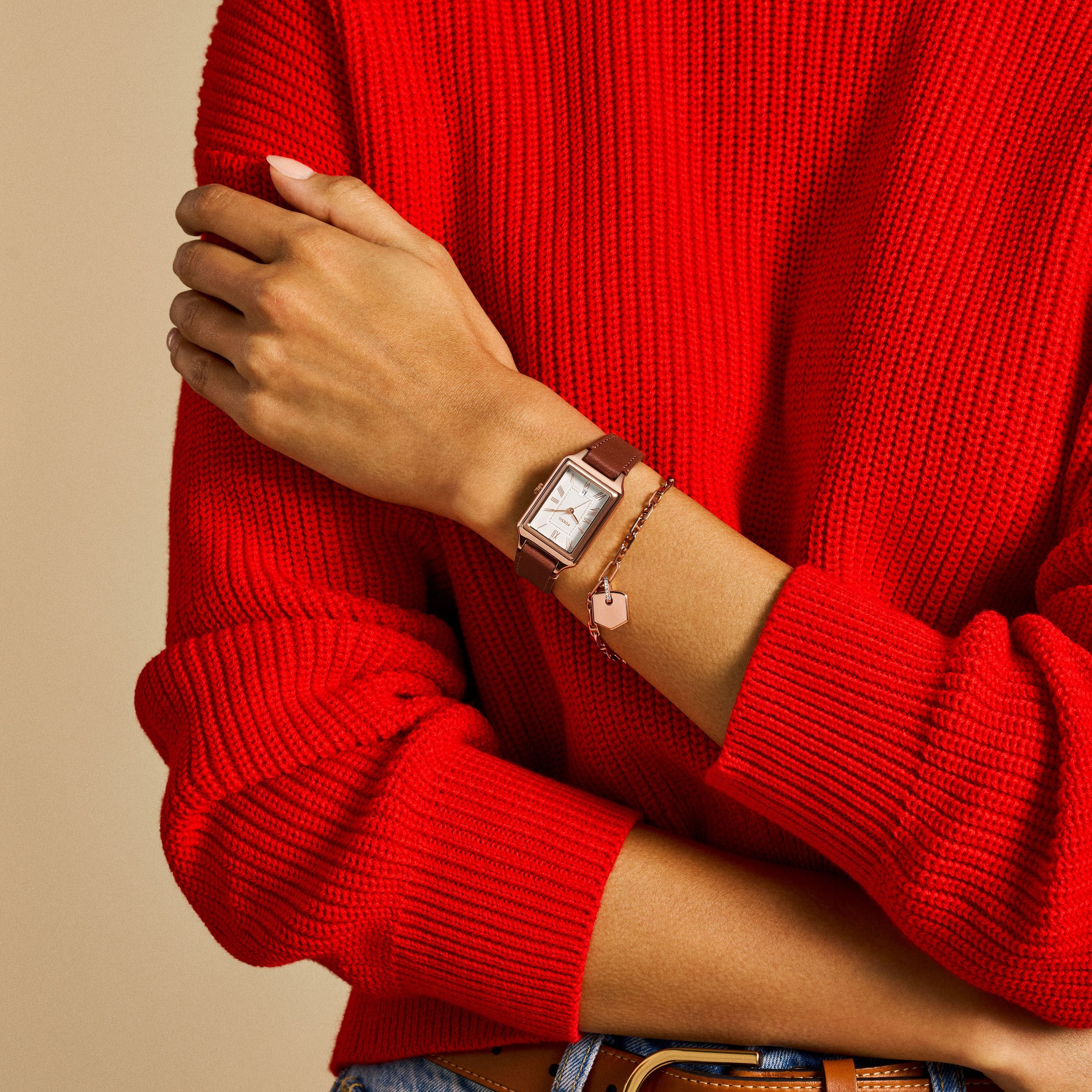 Fossil Quarzuhr »RAQUEL«, (Set, 2 tlg., mit Armband), Armbanduhr, Damenuhr, Lederarmband, Ideal auch als Geschenk, analog