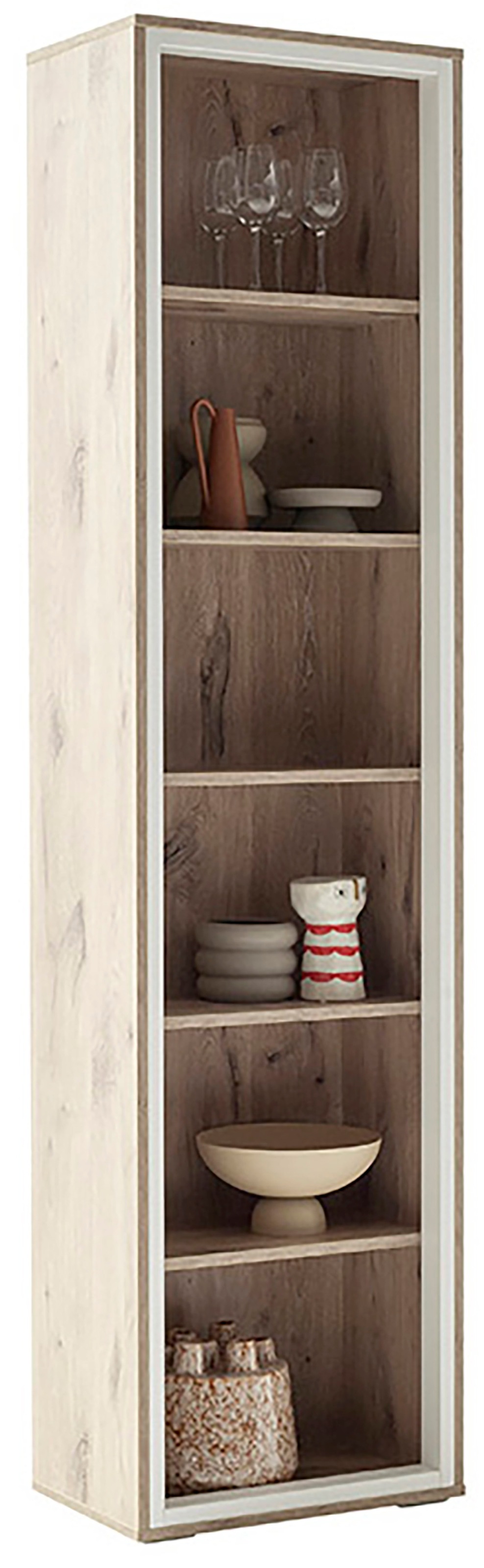 MCA furniture Vitrine »SANTERNO«, 6 Fächer, Regal, Korpus Beleuchtungsrahmen Soft White, Höhe 197 cm