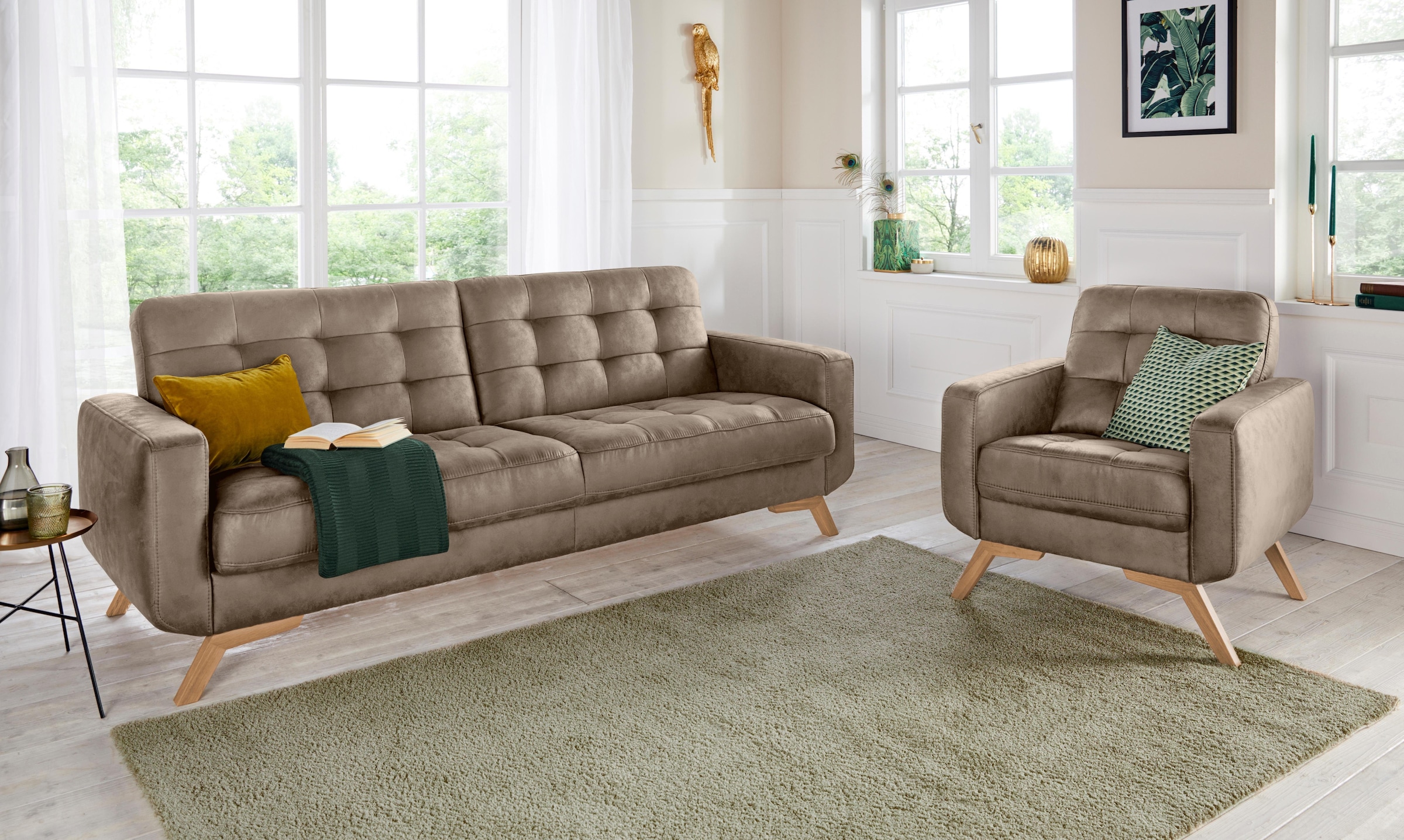 exxpo - sofa fashion 3-Sitzer »Fiord, aktuelles Design, tolle Detailverarbeitung im Sitz und Rücken«, bequem, wahlweise Kippcouch mit Bettfunktion und Bettkasten, Holzfuß