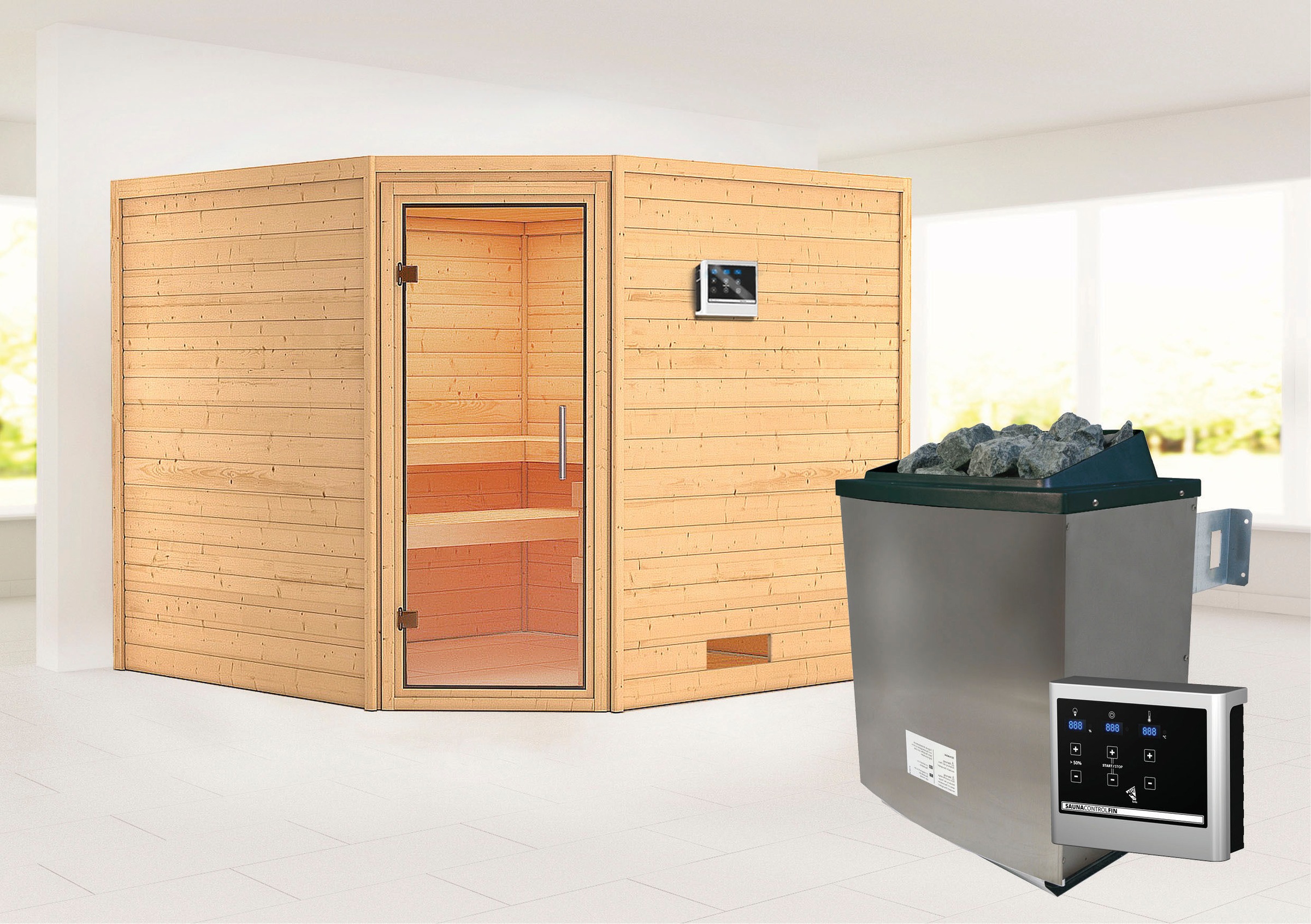 Karibu Sauna ""Leona" mit Klarglastür 2 Ofen 9 KW externe Strg modern", aus hochwertiger nordischer Fichte