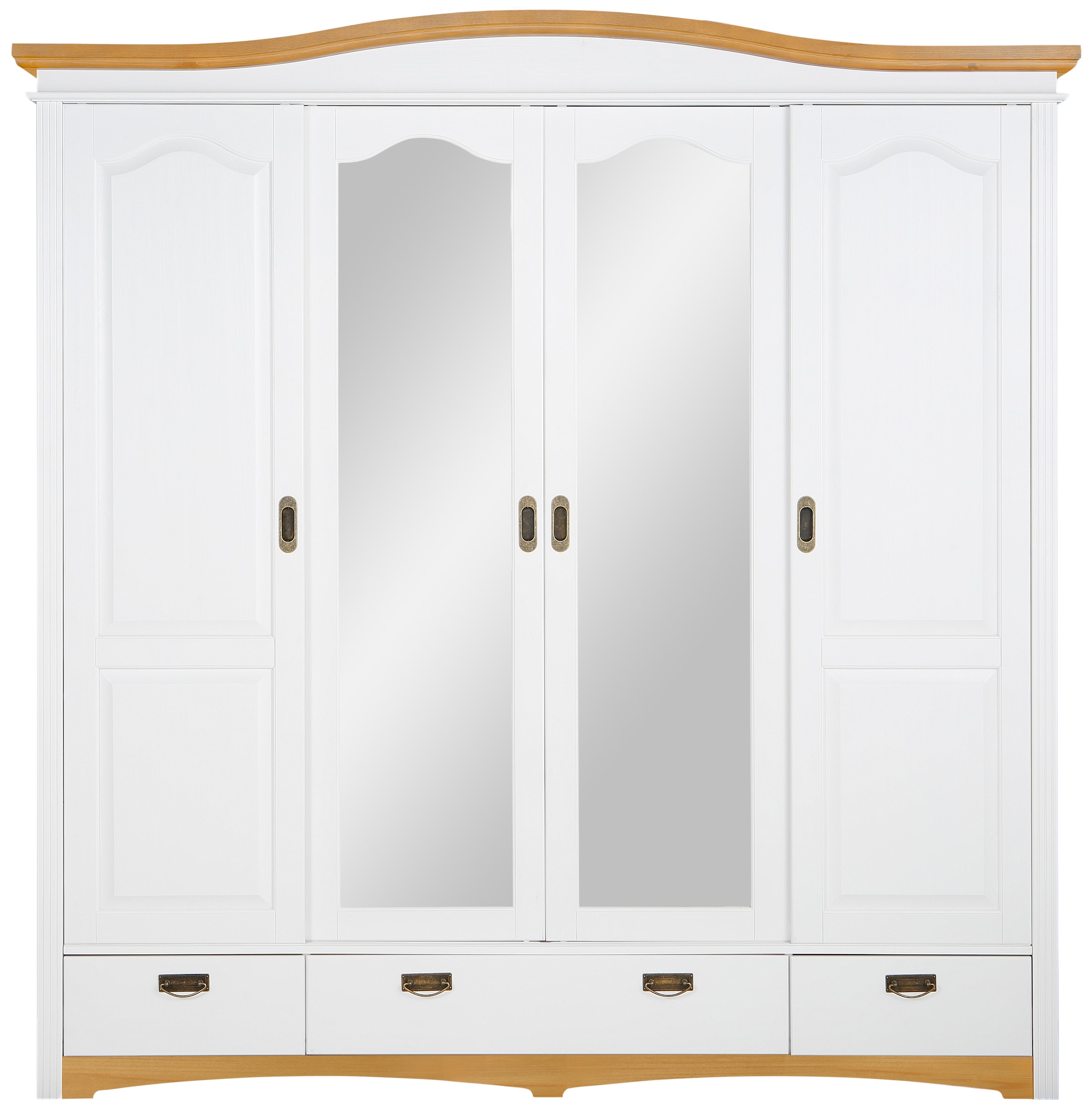 Home affaire Schiebetürenschrank »Konrad, Landhausstil, rustikal, mit Schubladen + Spiegel, Kassetten«, (3 Breiten: 153/202/249 cm H/T ca.207/64 cm), massive Kiefer, FSC®-zertifiziert, Messinggriffe, mehrere Varianten