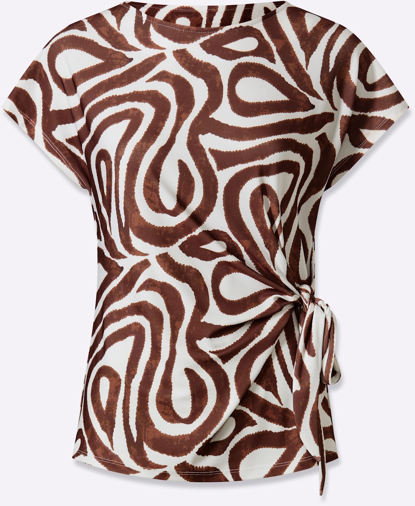 Kurzarmshirt HEINE "Druck-Shirt", Damen, Gr. 34, ecru, schoko, bedruckt, 95% Polyester, 5% Elasthan, bedruckt, gemustert, mehrfarbig, Rundhals, Shirts 3