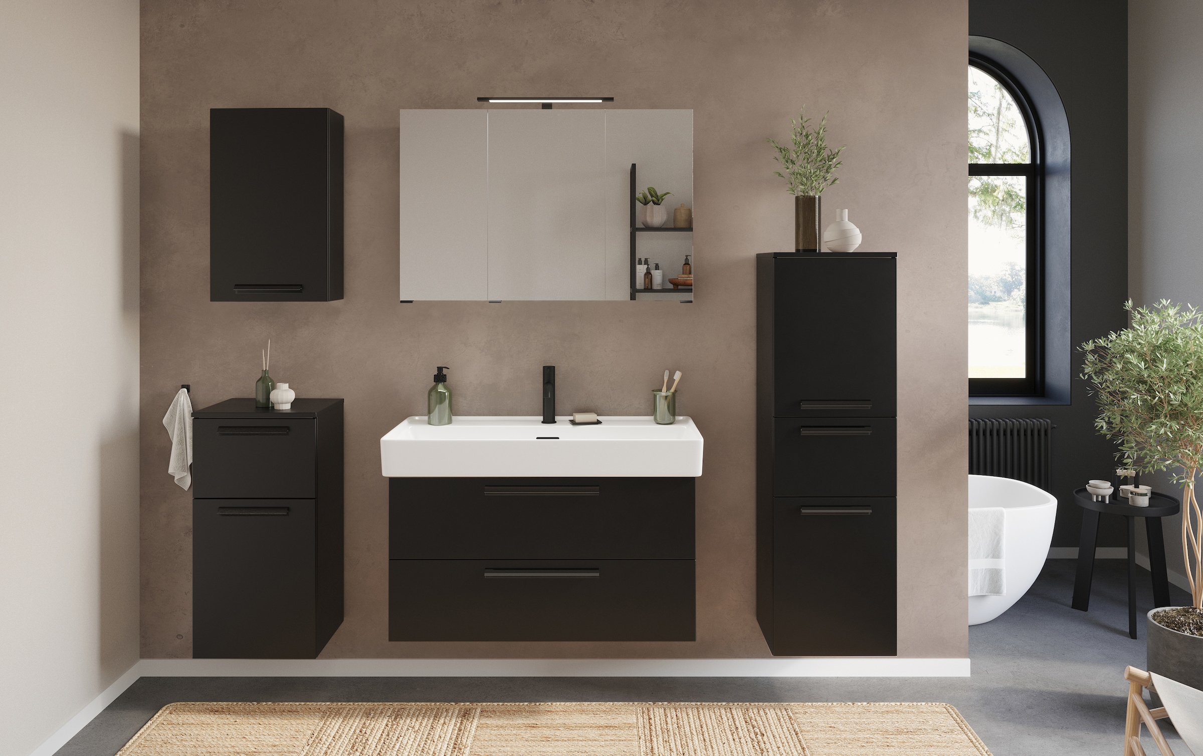 welltime Hängeschrank »SALVADA, Hängeschrank 40 cm, gedämpfte Scharniere«, Schwarz, Front und Korpus aus hochwertigen MDF, Anti-Finger-Print