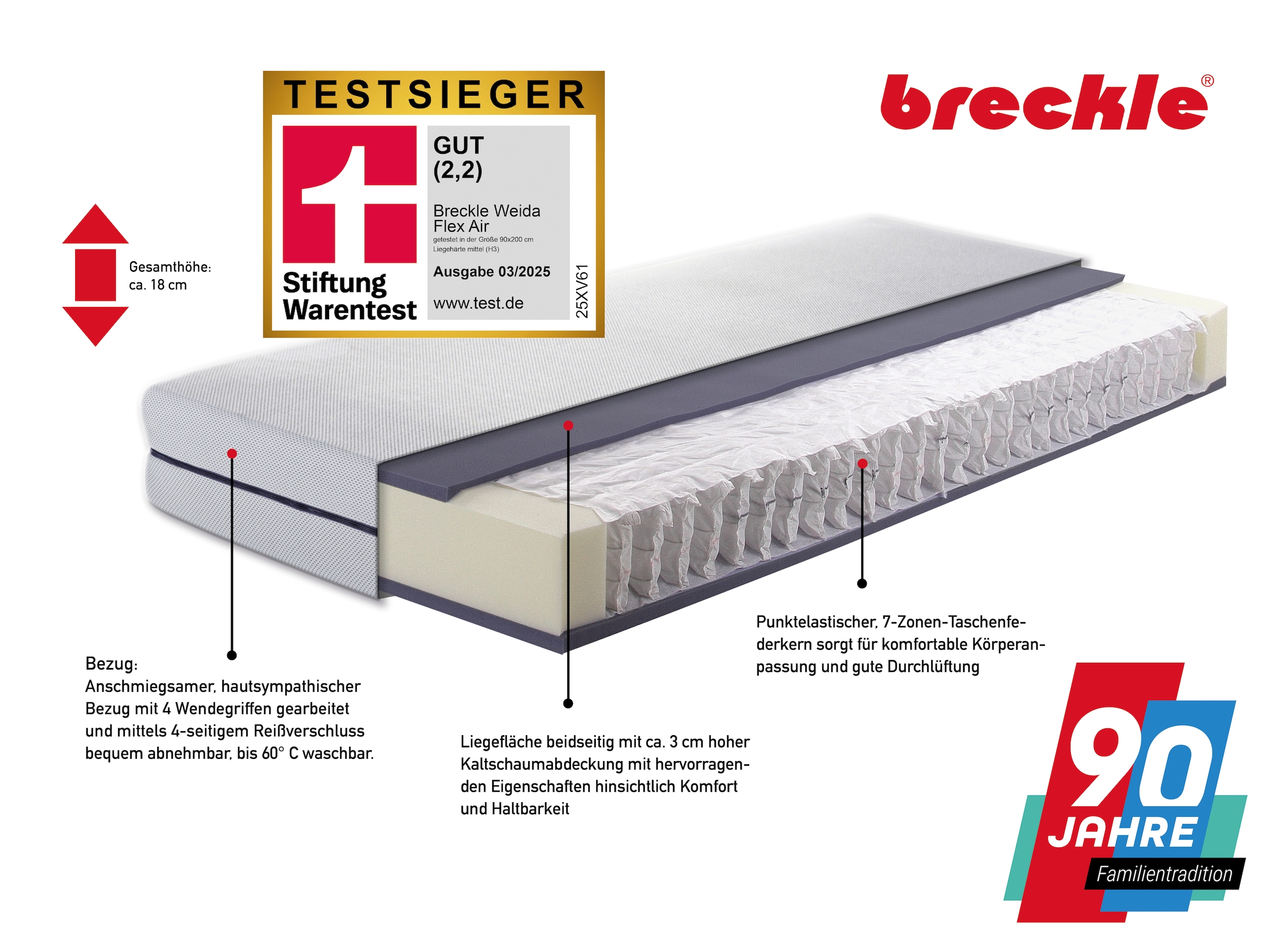 Breckle Taschenfederkernmatratze »Flex Air«, 19 cm hoch, Raumgewicht: 38 kg/m³, (1 St., 1-tlg.)