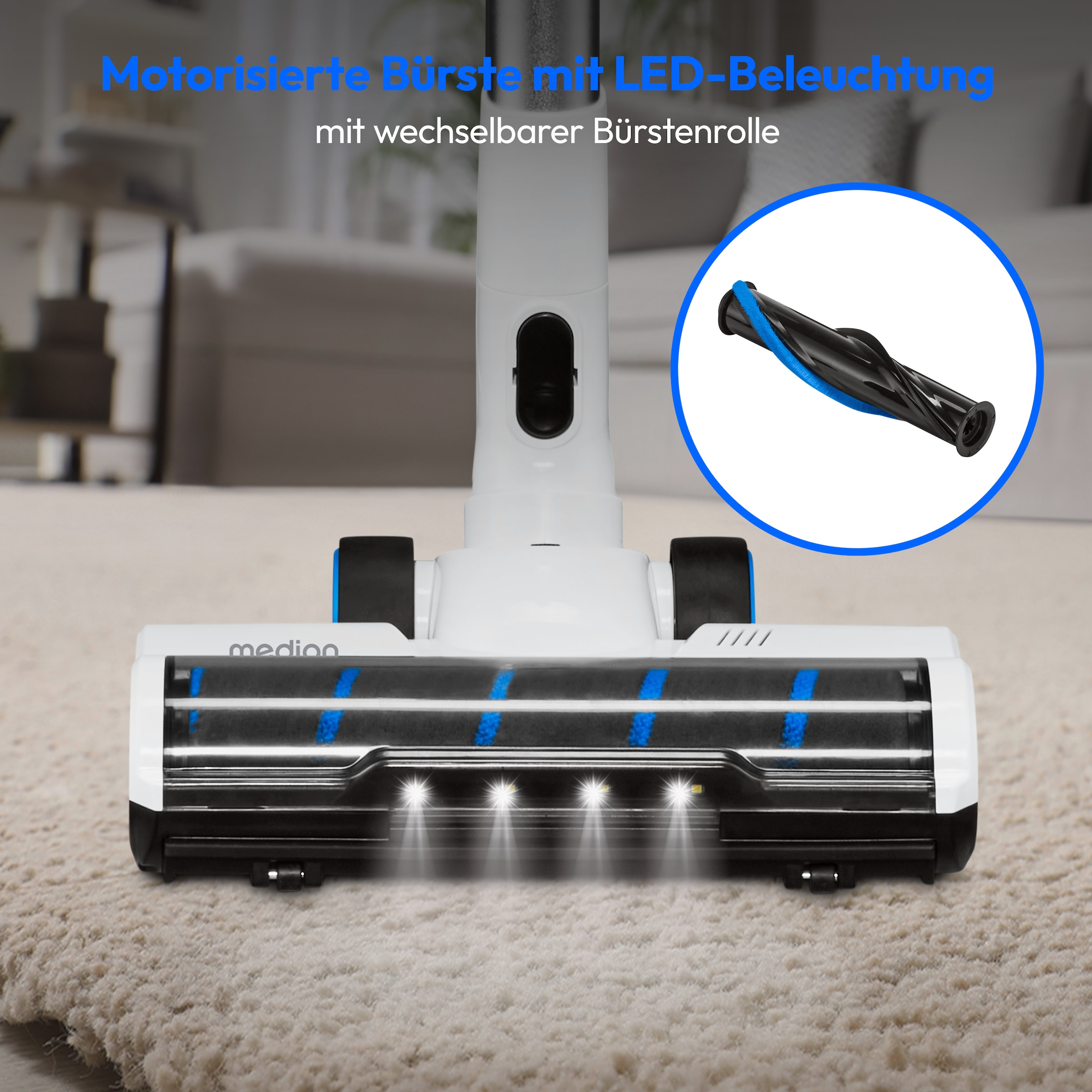 Medion® Akku-Stielstaubsauger »P400 W+ (MD 11860), elektrischer Wischaufsatz, 26 kPa Saugleistung«, LED-Touch-Display, Staubsensor, Wechselakku, integriertes Zubehör