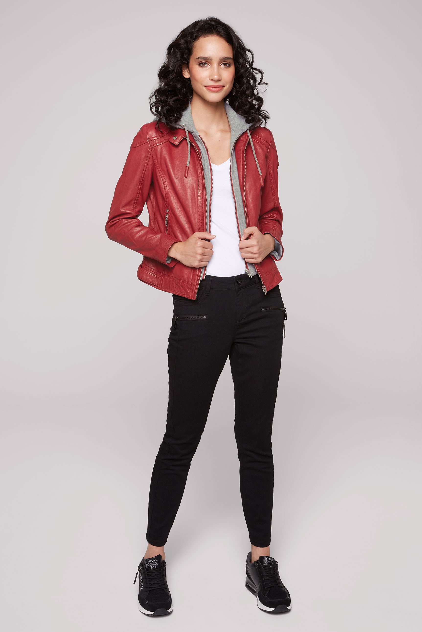 SOCCX Lederjacke, mit Kapuze, mit Druckknopfriegel an den Seiten