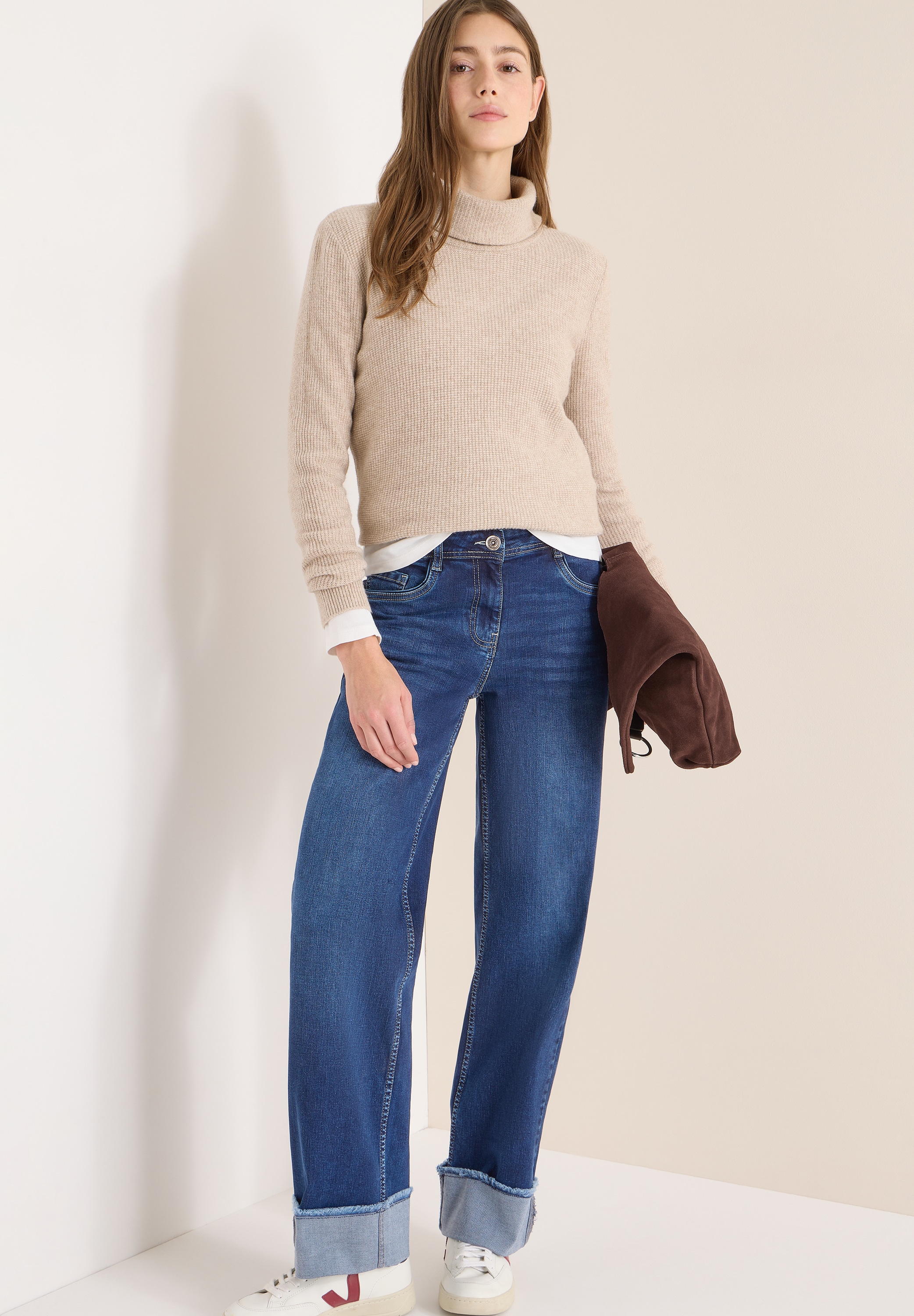 Cecil 5-Pocket-Jeans »Style NEELE« Wide Leg Washed-Look Jeans mit Aufschlag