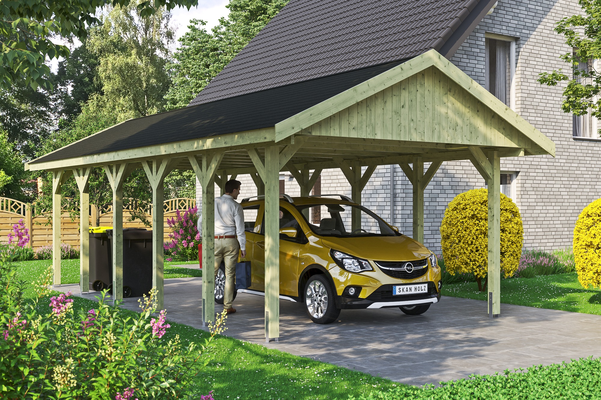 Skanholz Einzelcarport »Wallgau«, Nadelholz, 340 cm, Grün, mit schwarzen Dachschindeln