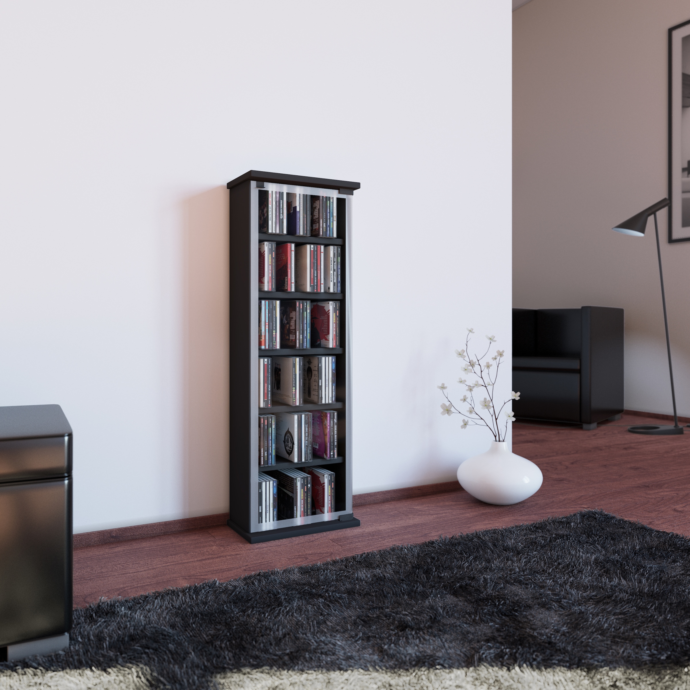 VCM Media-Regal »VCM CD Regal Holz | CD Schrank mit ESG-Sicherheitsglastüren für 204 CDs oder 72 DVDs | Maße: H. 92 x B. 31 x T. 18 cm | Elegantes DVD Regal mit Rollen | Blu ray Regal | CD Regal - Classic«