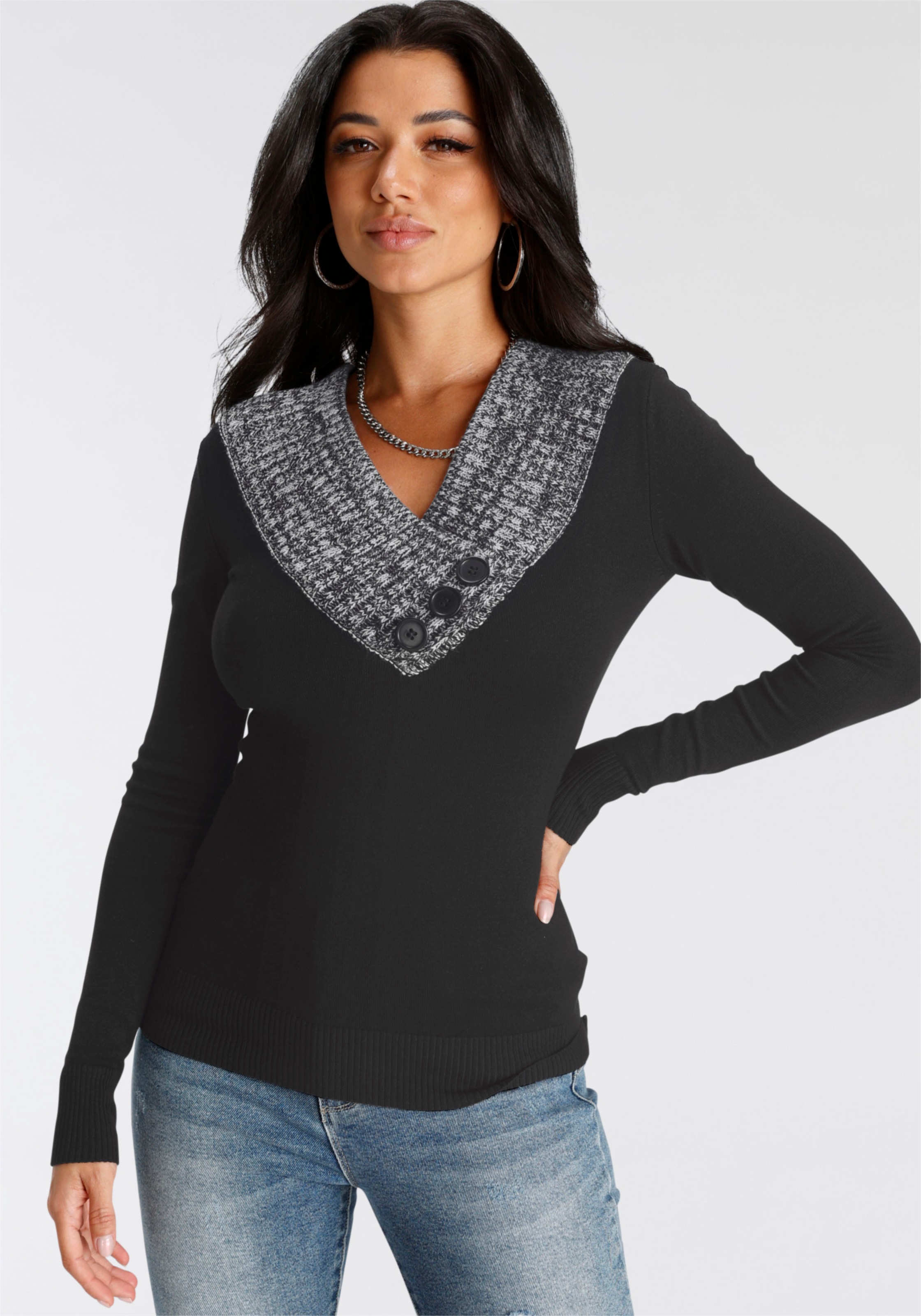 MELROSE Damen Strickpullover, schwarz, Gr. 34, kontrastfarbene Details, Feinstrick, Obermaterial: 56% Viskose, 24% Polyamid, 20% Polyacryl, Pullover,