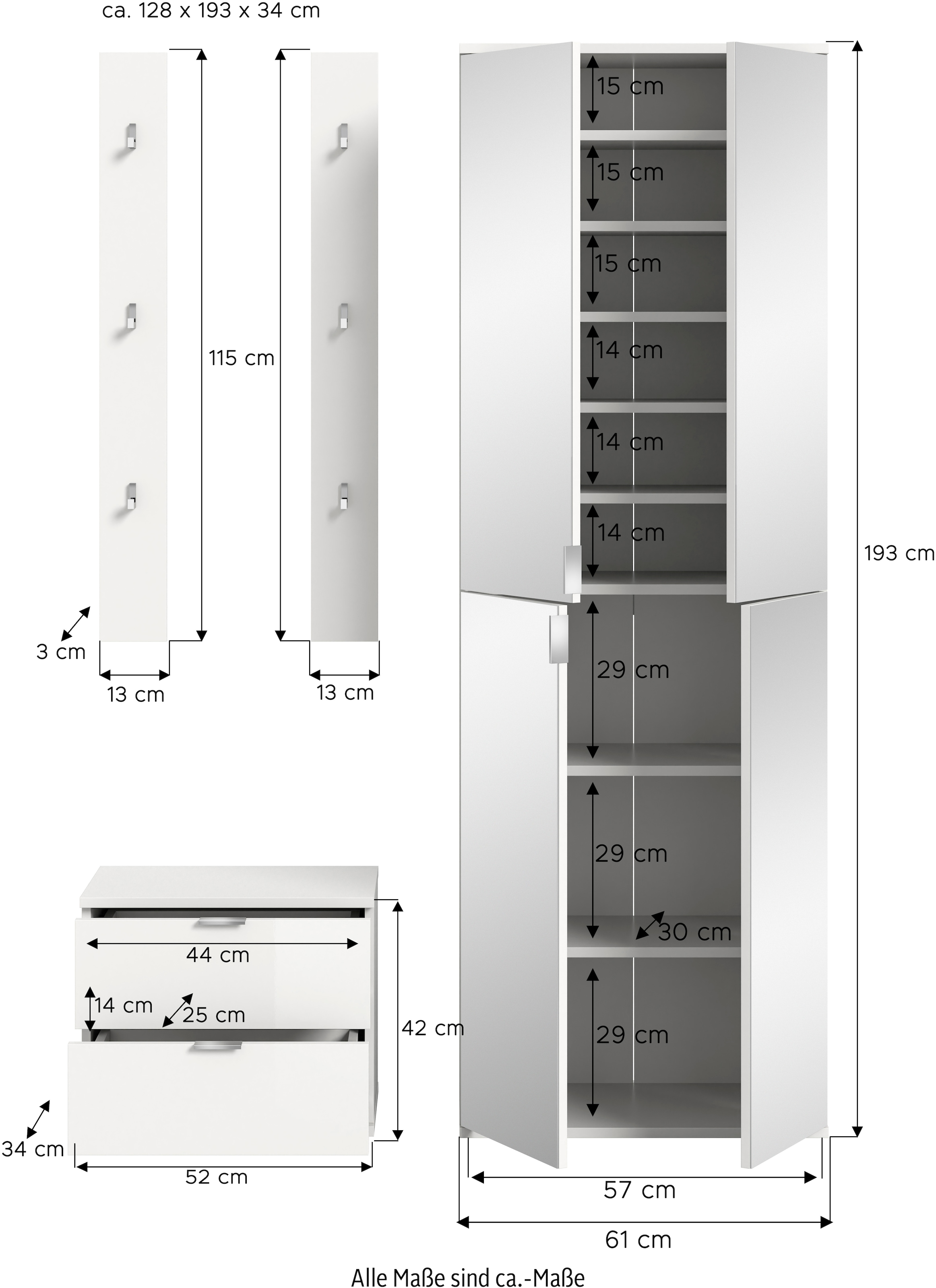 INOSIGN Garderoben-Set, (3 St.), Trondheim, Garderobenset 3-tlg. Breite 128, Flur, Diele, Kombination
