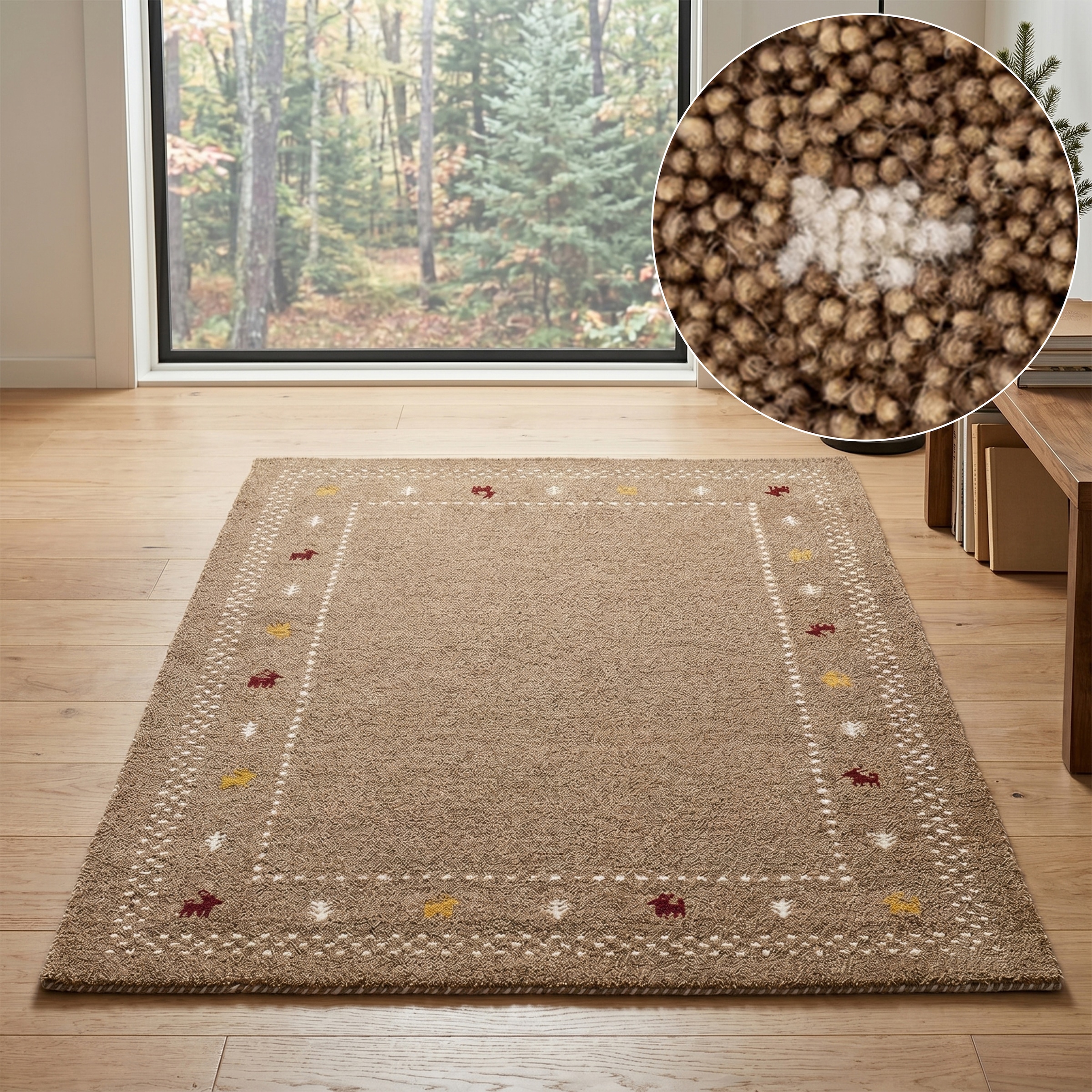 THEKO Wollteppich "Gabbeh Bordüre, Handgefertigt, Teppich, Tiermotiv, reine Wolle" rechteckig 14 mm Höhe Wohnzimmer, Schlafzimmer, Esszimmer