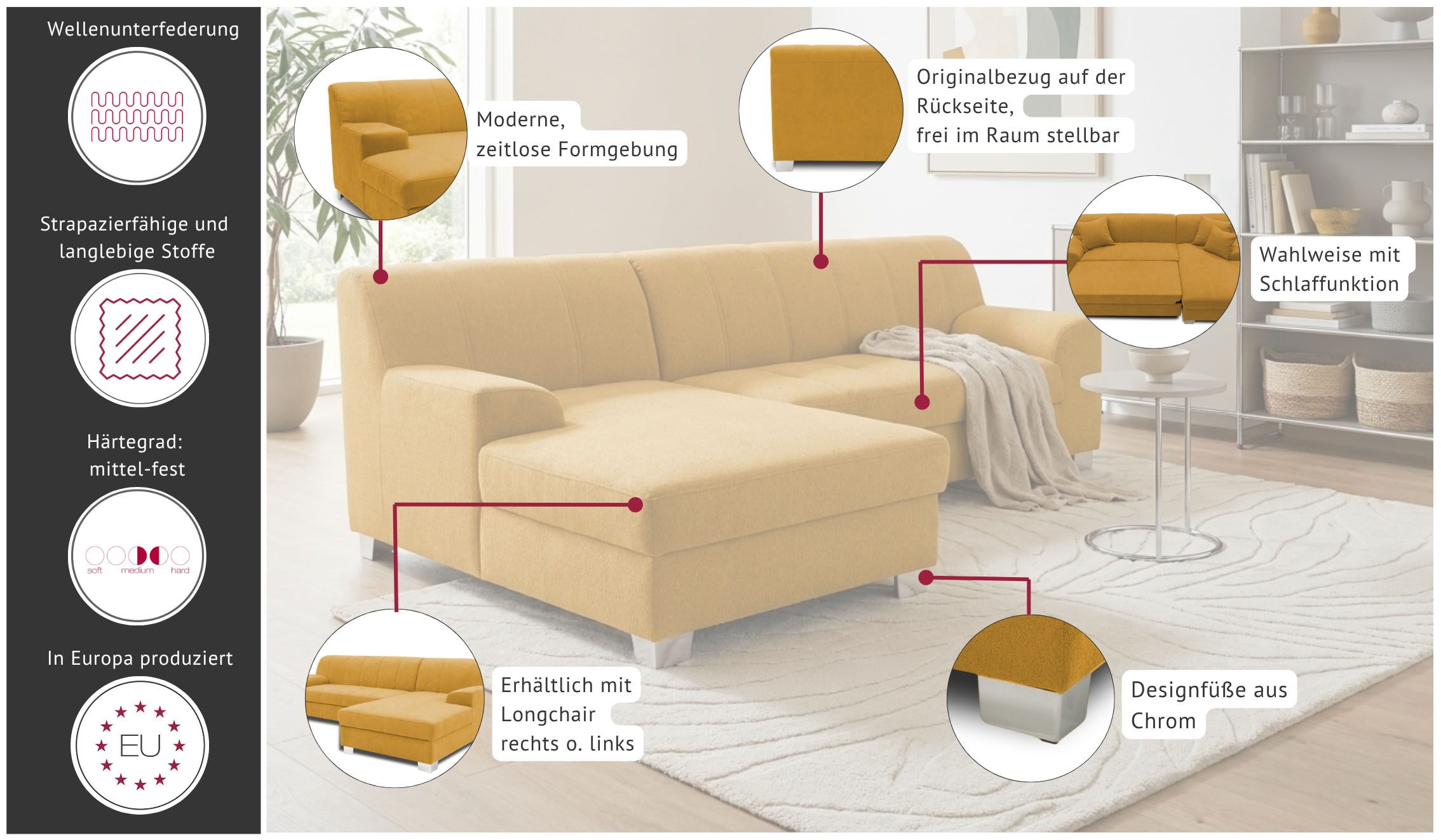 OTTO home Ecksofa »Lolland BxT: 241x146 cm, modern, mit Steppungen, mittel-fester Sitz« L-Form, aus pflegeleichtem, weichem Luxus-Microfaser