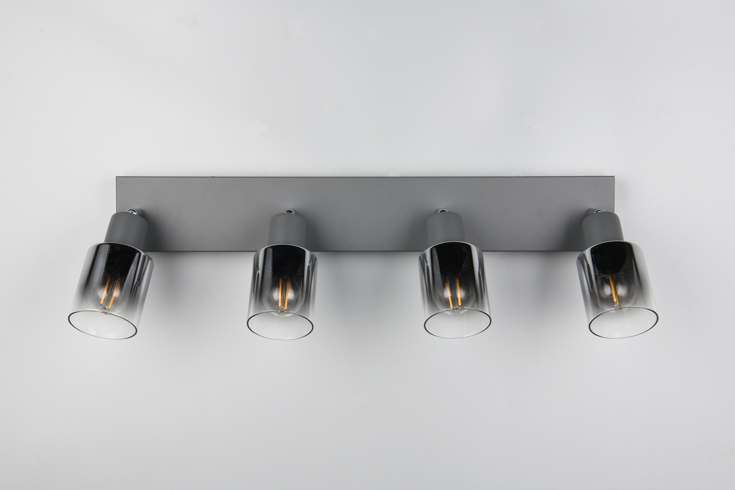 REALITY Leuchten Deckenstrahler »CADIZ, Spot 4-flammig, exkl 4xE14 max 10W, Glas anthrazit, verspiegelt«, 4 flammig, Leuchtmittel E14 | Leuchtmittel wechselbar, verstellbarer Deckenspot E14 Fassung, mit Glasschirm smoke Farbverlauf