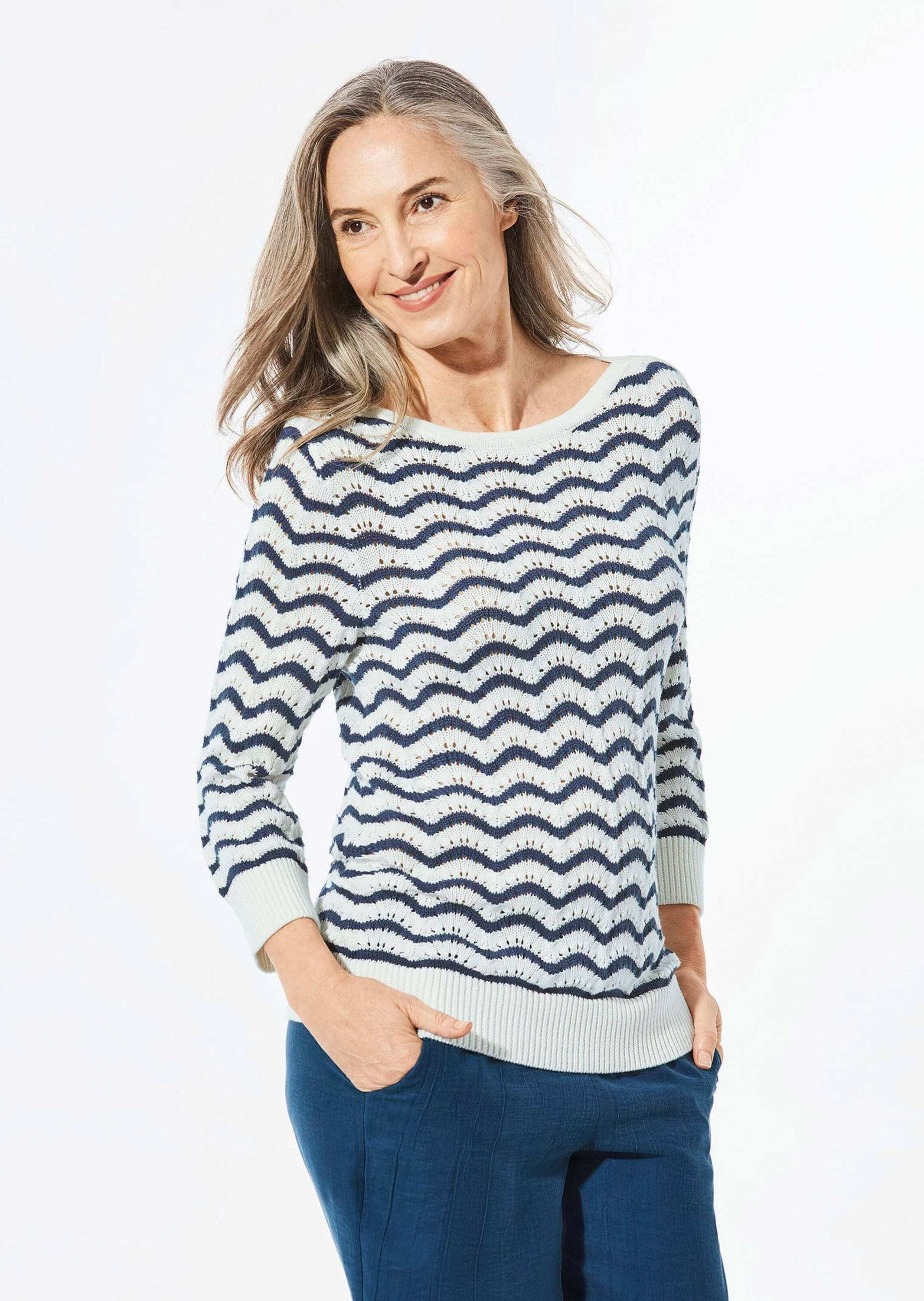 GOLDNER Rundhalspullover "Kurzgröße Ringelpullover 3/4-Arm, Ajourdetails" günstig online kaufen