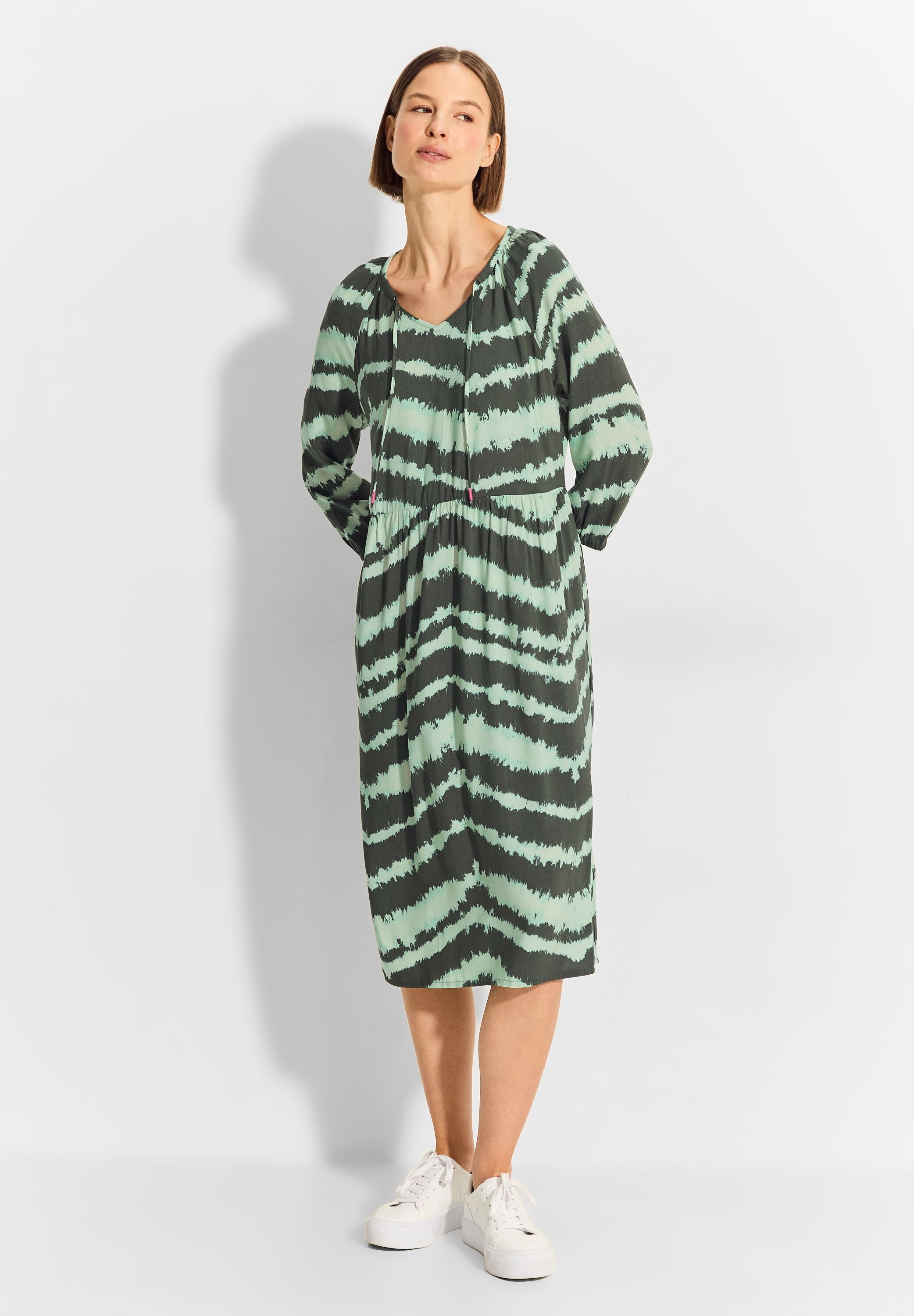 Blusenkleid CECIL, Damen, Gr. XL (44), US-Größen, grün (cool khaki), Stoff, 100% Viskose, gemustert, gerade kniebedeckend, V-Ausschnitt, Bündchen, Kleider Blusenkleid, mit Taillierung