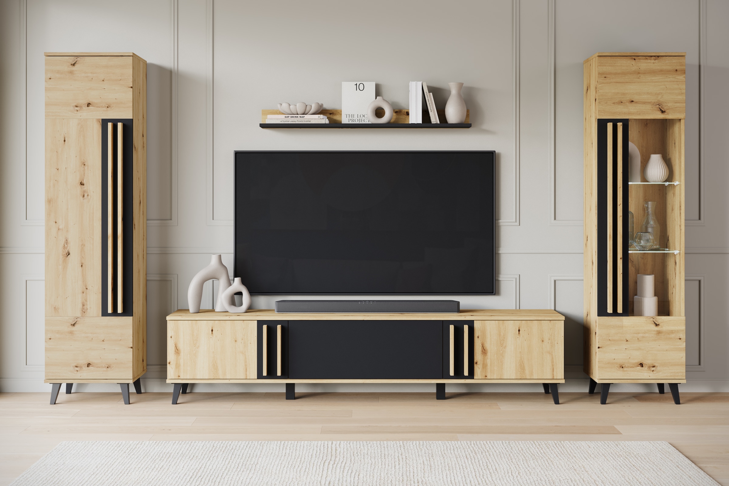 Home affaire Wohnwand "Helsinki, Modernes Set mit verglaster Vitrine" Komplett-Set, 4 Stk. tlg.