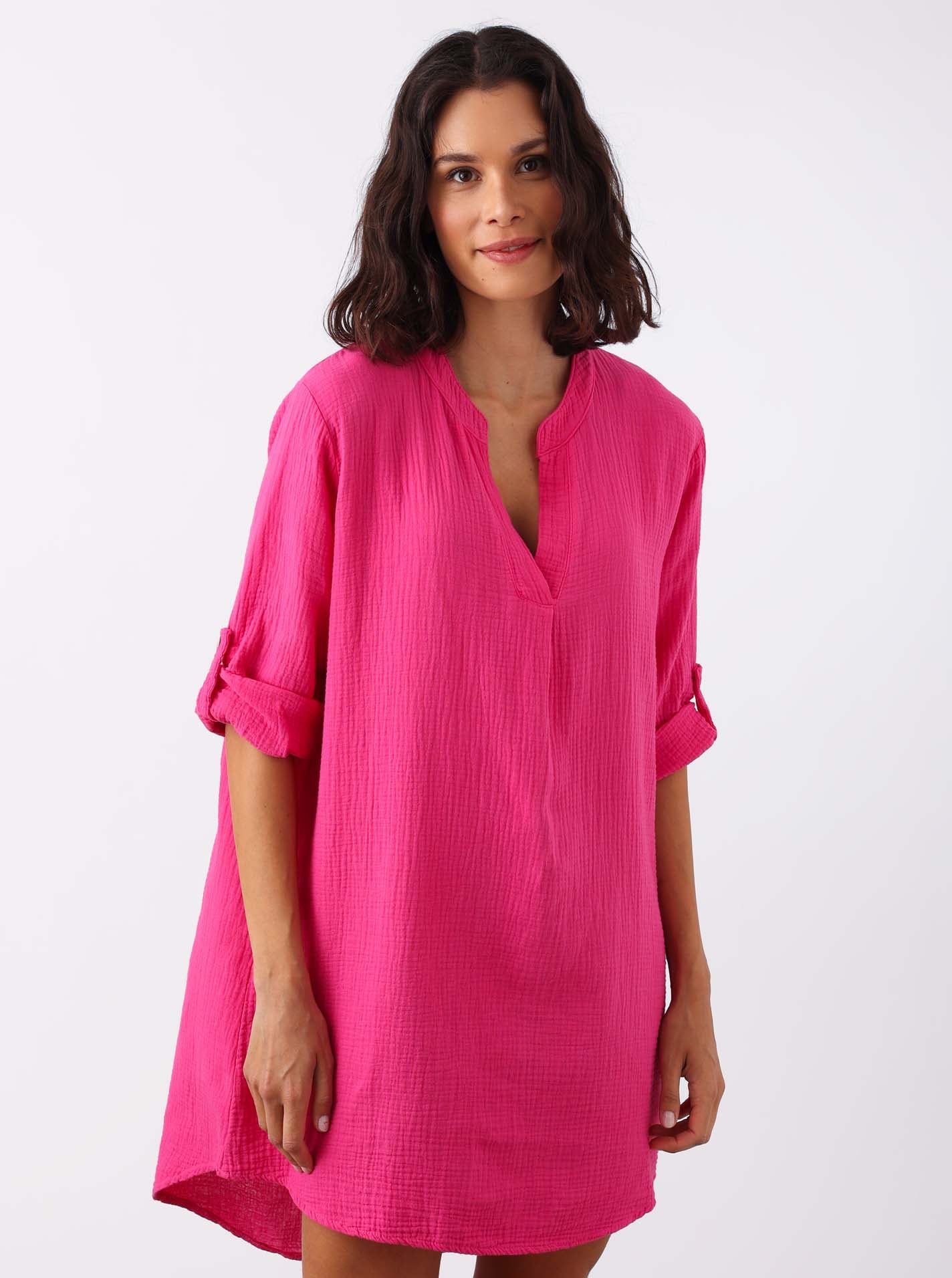 Schlupfbluse ZWILLINGSHERZ "Rom", Damen, pink, Web, Obermaterial: 100% Baumwolle, unifarben, ca. Mitte Oberschenkel, tiefer V-Ausschnitt, Krempelärmel 1-Knopf-Manschette, Blusen Schlupfbluse, verlängerte Rückenpartie, V-Neck, Turn-Up Ärmel, Musselin