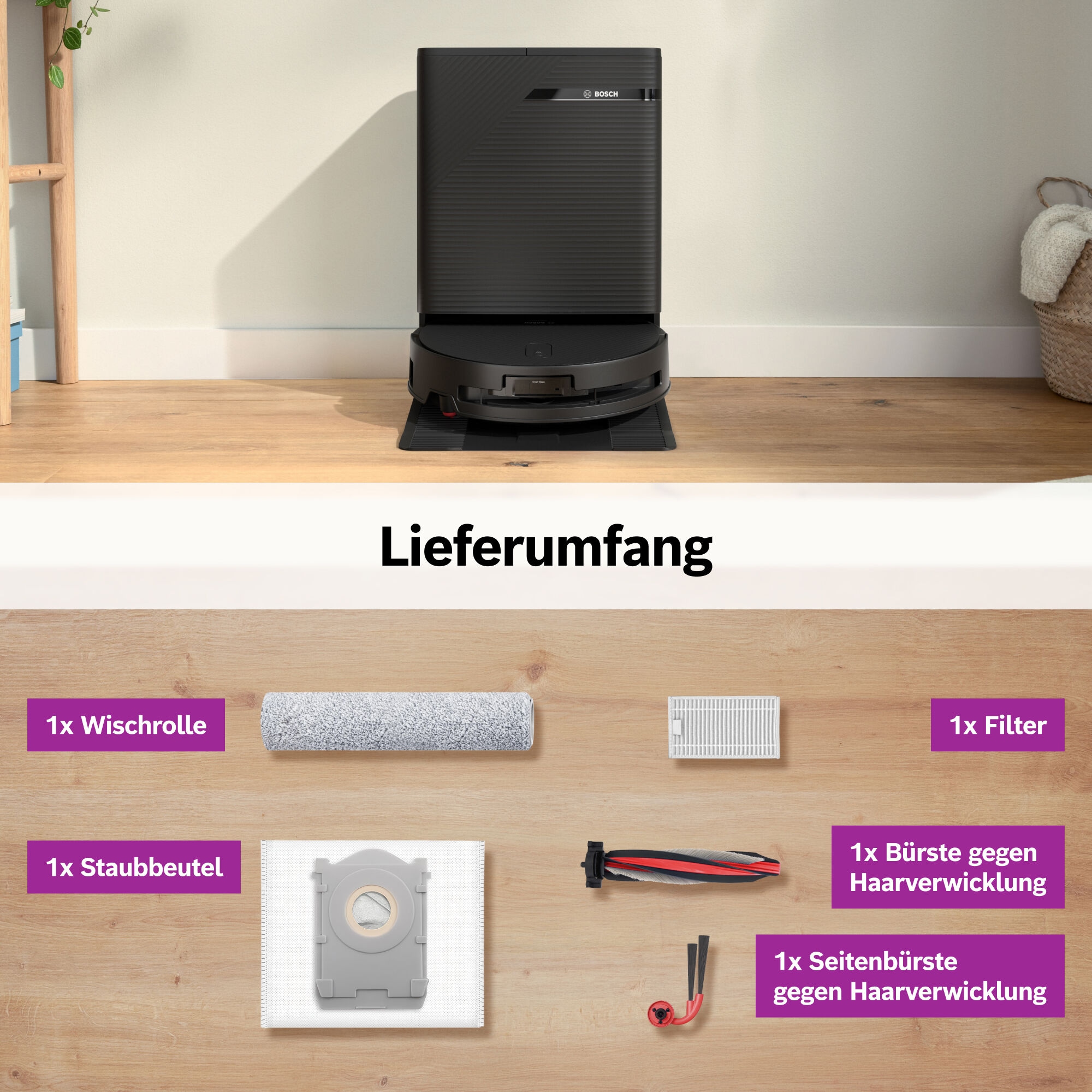 BOSCH Saugroboter »mit Wischfunktion Spotless 2 Advanced BCR2S2BX/BCR2S2WX« ausfahrbare Wischrolle, 27.000 Pa Saugkraft, smarte Fleckenentfernung
